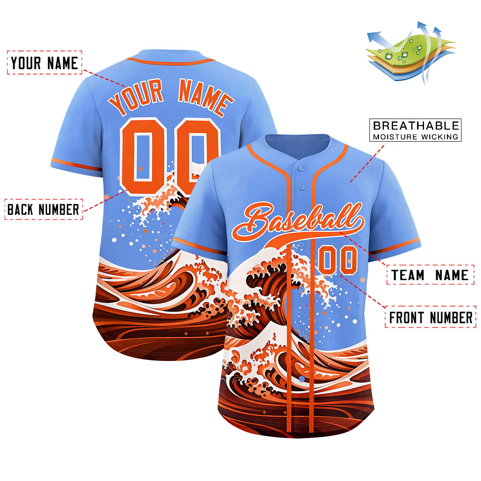 Custom Light Blue Wave Graffiti Pattern Authentic Baseball Jersey| KXKSHOP