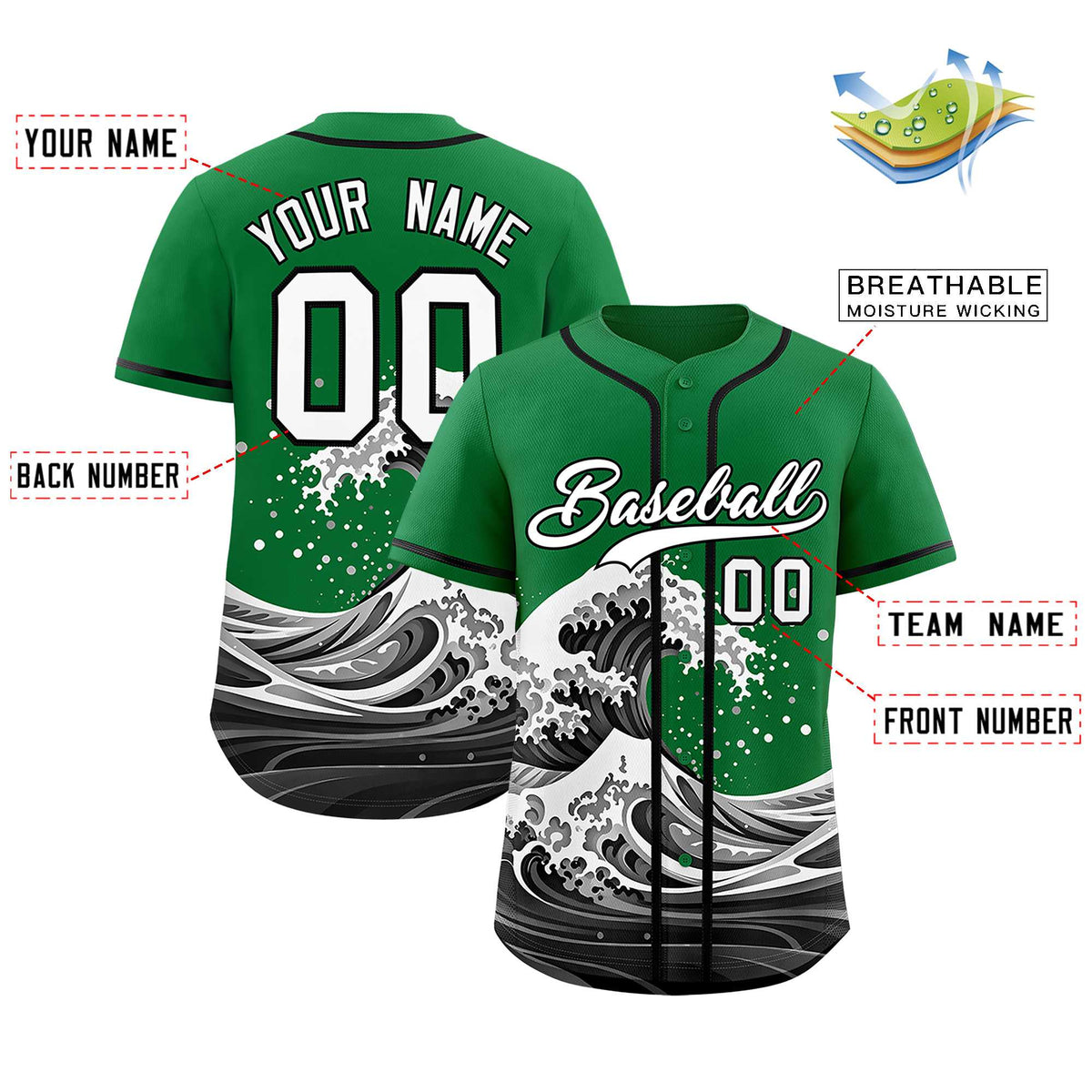 Custom Kelly Green Wave Graffiti Pattern Authentic Baseball Jersey| KXKSHOP
