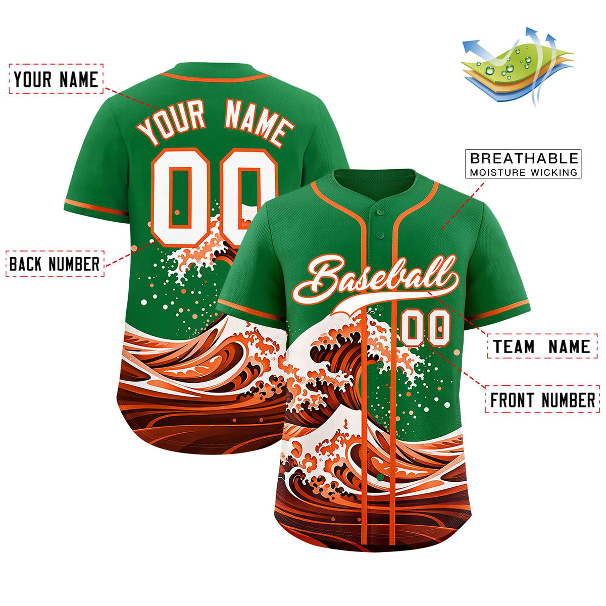 Custom Kelly Green Wave Graffiti Pattern Authentic Baseball Jersey| KXKSHOP