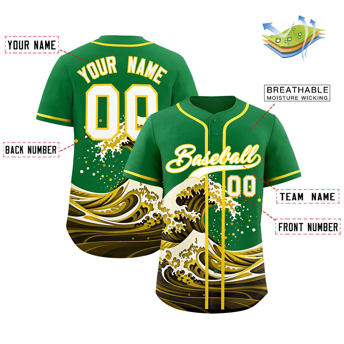 Custom Kelly Green Wave Graffiti Pattern Authentic Baseball Jersey| KXKSHOP