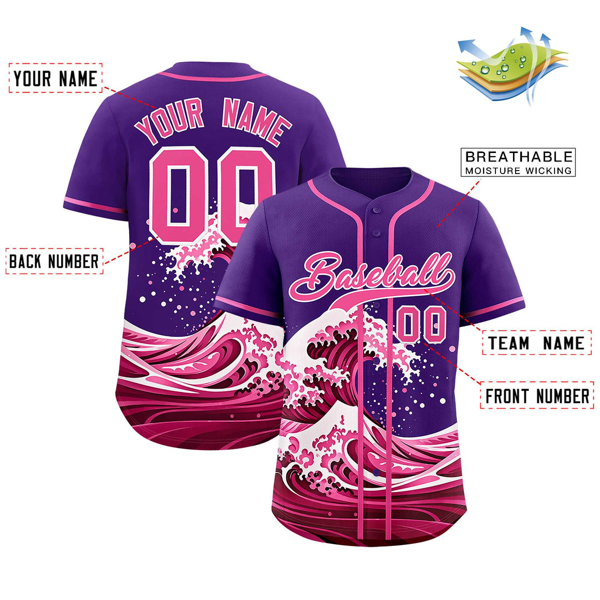 Custom Purple Wave Graffiti Pattern Authentic Baseball Jersey| KXKSHOP