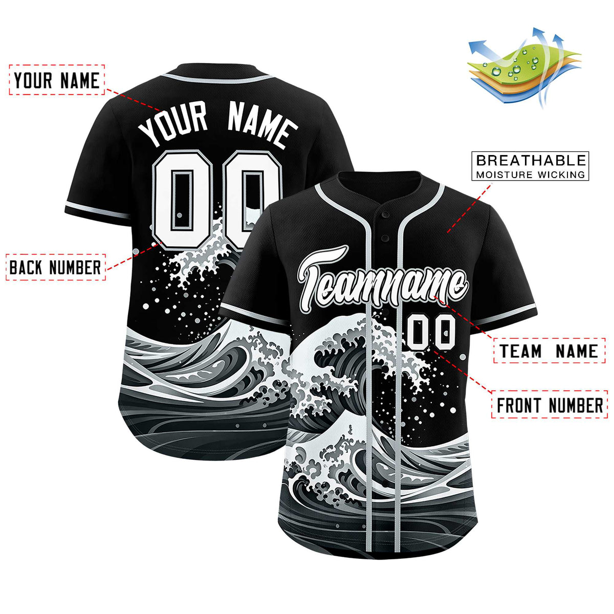 Custom Black Wave Graffiti Pattern Authentic Baseball Jersey| KXKSHOP