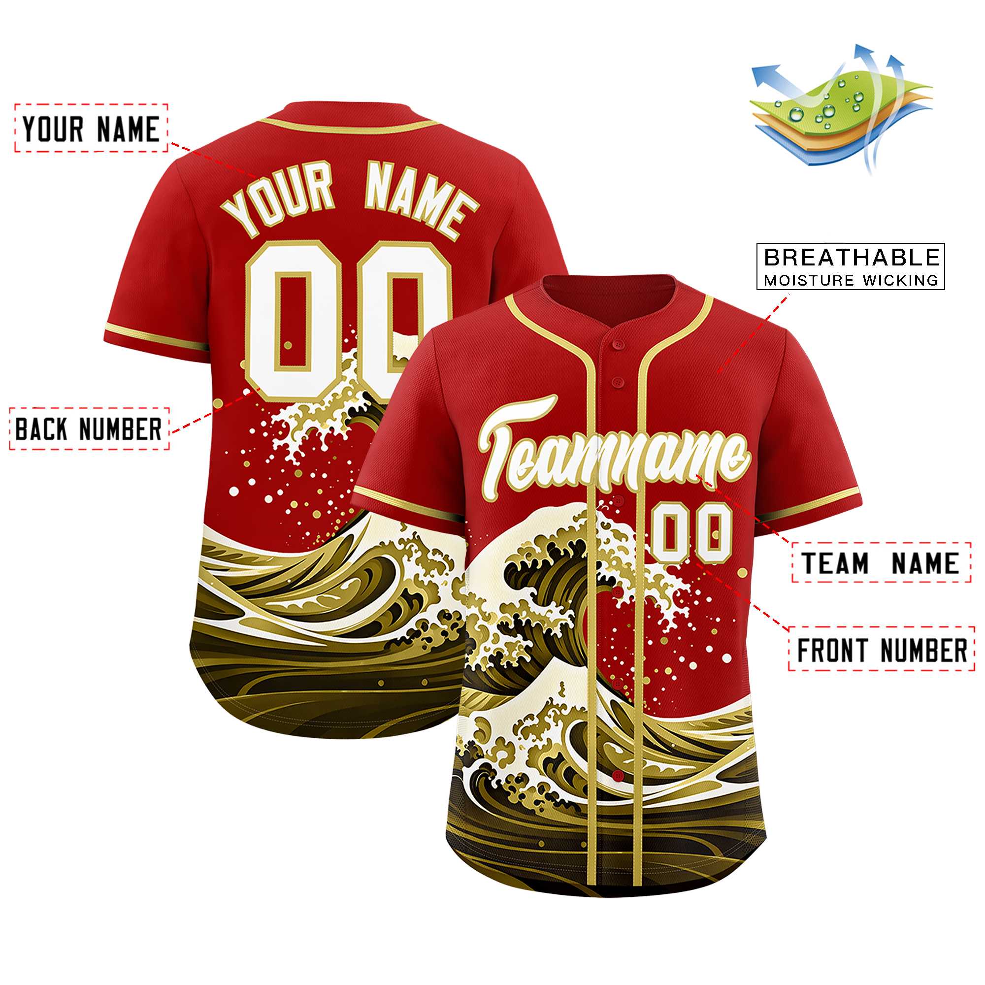 Custom Red Wave Graffiti Pattern Authentic Baseball Jersey | KXKSHOP