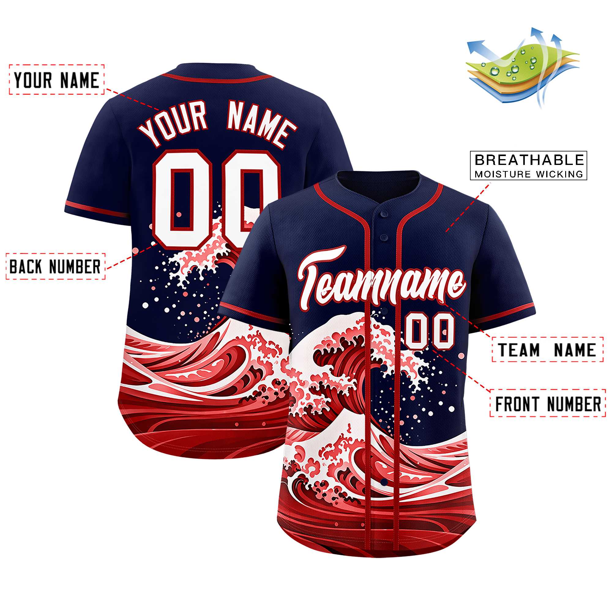 Custom Navy Wave Graffiti Pattern Authentic Baseball Jersey| KXKSHOP