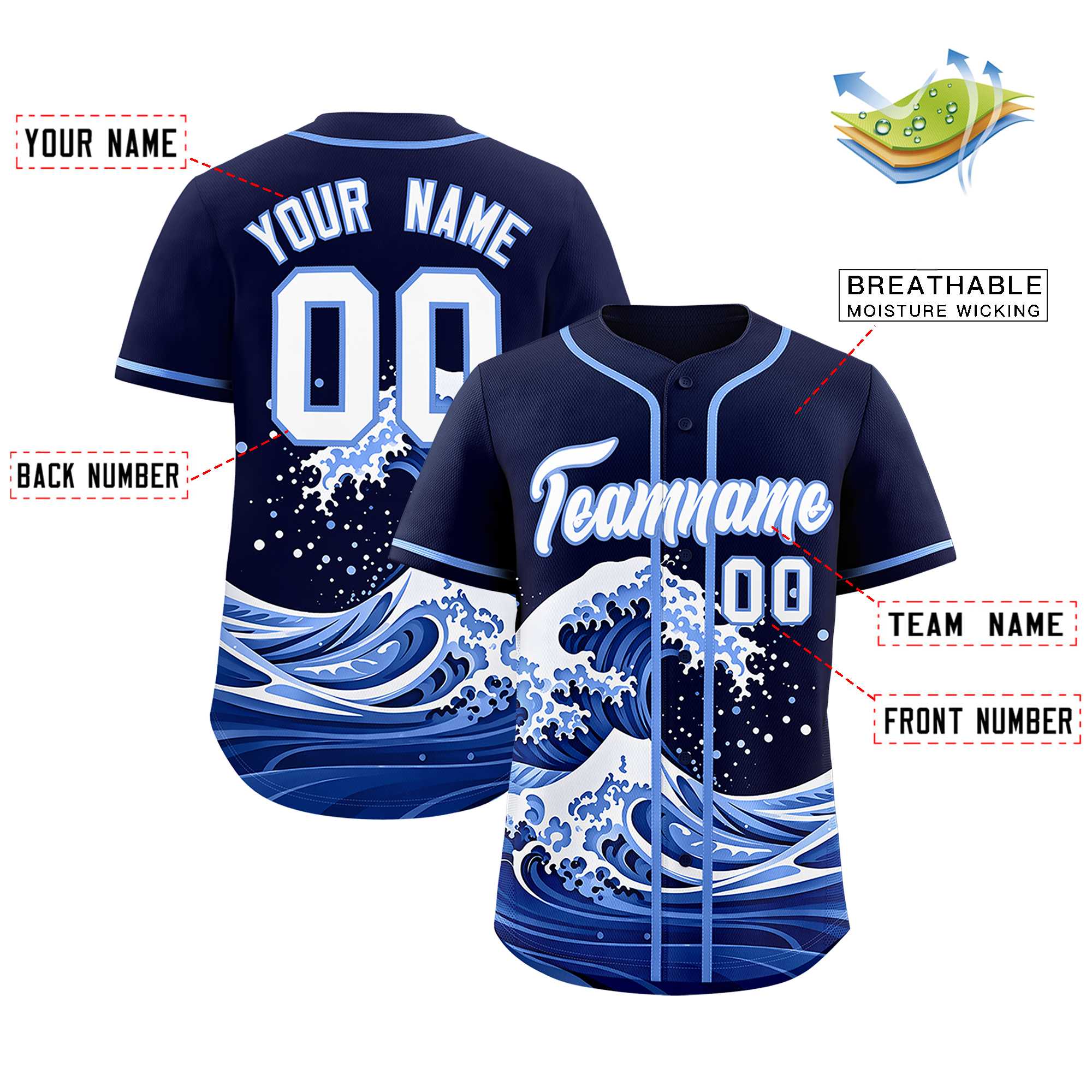 Custom Navy Wave Graffiti Pattern Authentic Baseball Jersey | KXKSHOP