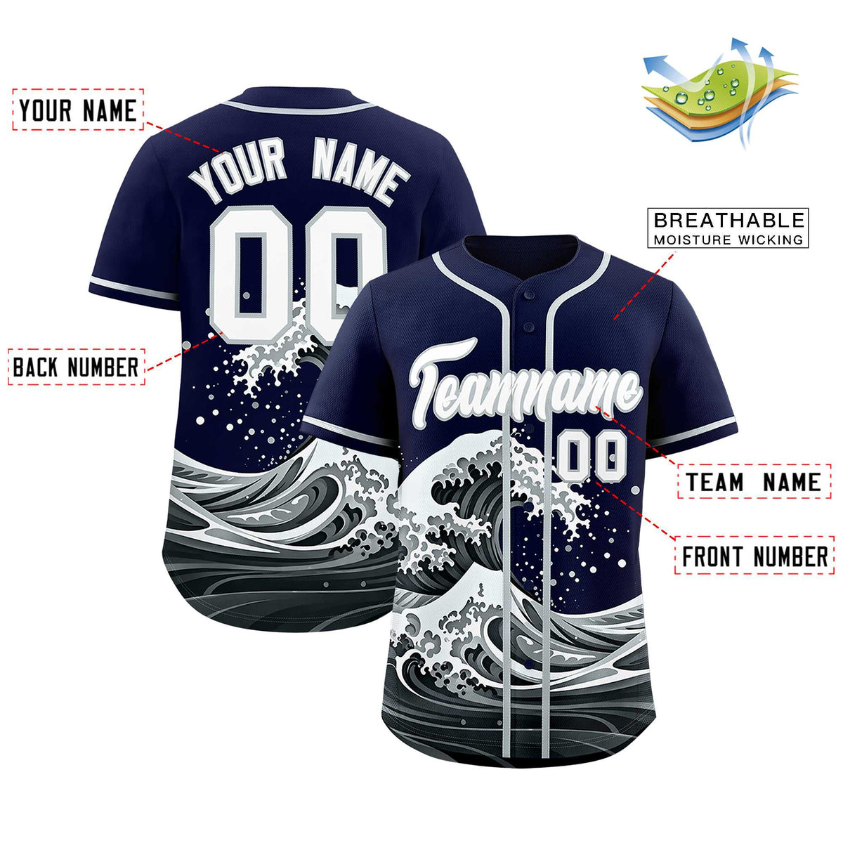 Custom Navy Wave Graffiti Pattern Authentic Baseball Jersey| KXKSHOP
