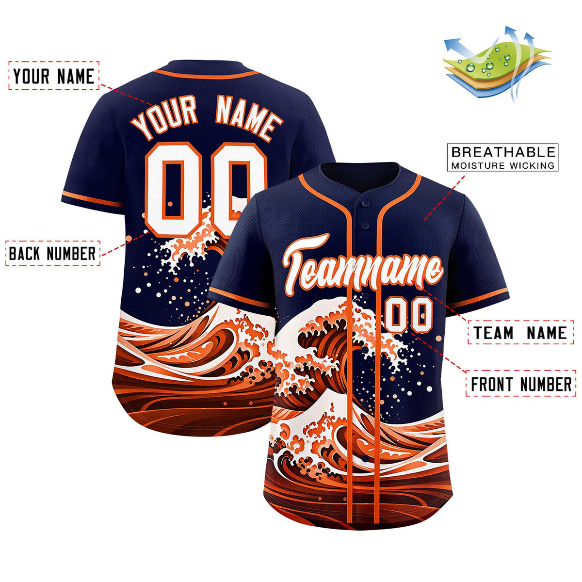 Custom Navy Wave Graffiti Pattern Authentic Baseball Jersey| KXKSHOP
