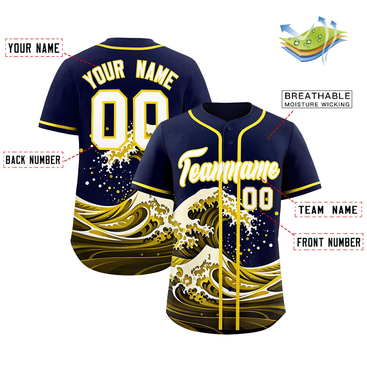 Custom Navy Wave Graffiti Pattern Authentic Baseball Jersey| KXKSHOP