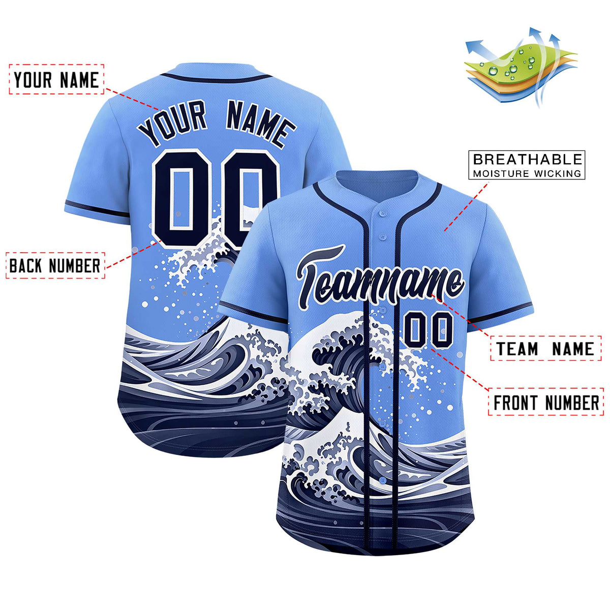 Custom Light Blue Wave Graffiti Pattern Authentic Baseball Jersey| KXKSHOP