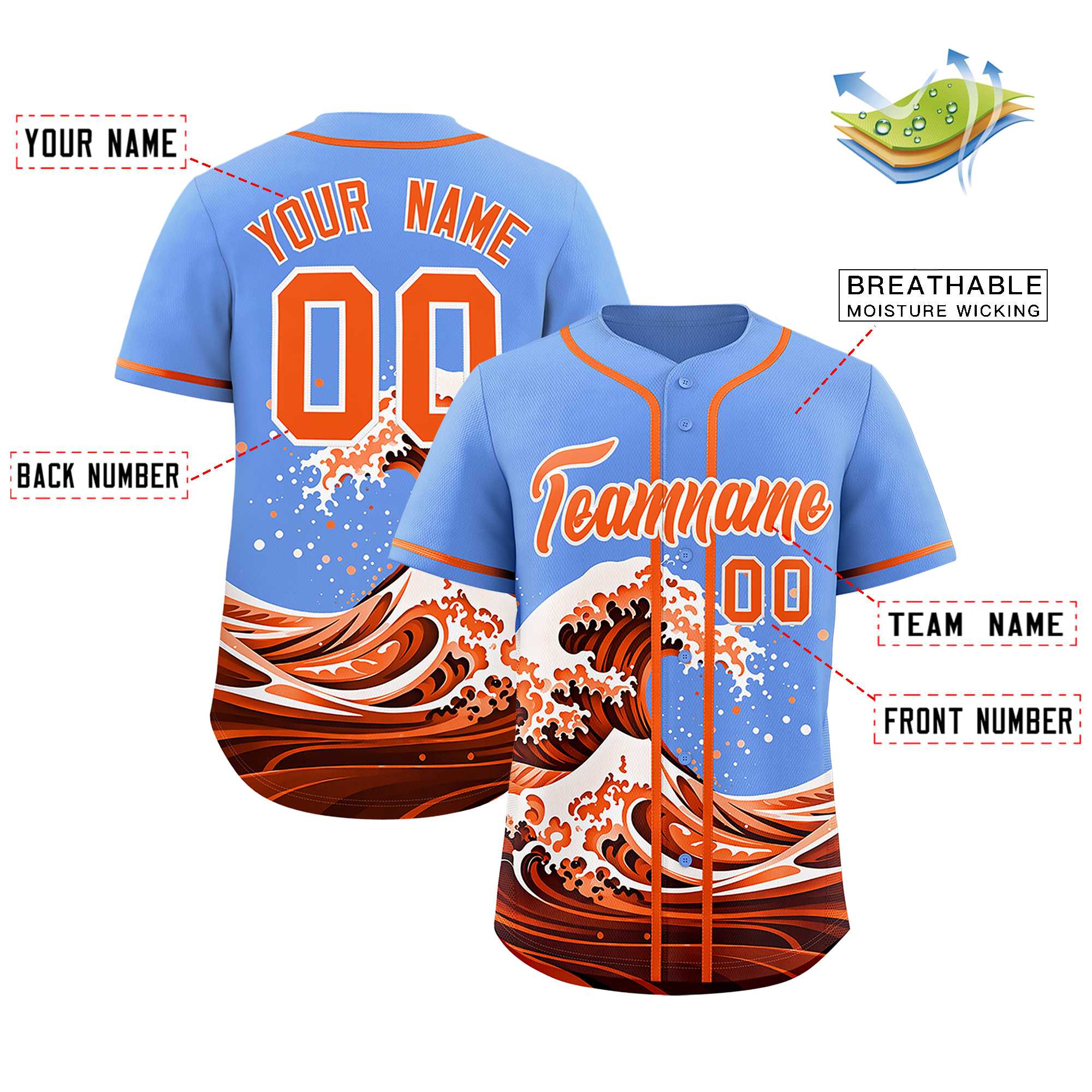 Custom Light Blue Wave Graffiti Pattern Authentic Baseball Jersey| KXKSHOP