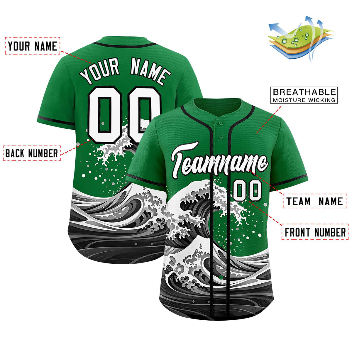 Custom Kelly Green Wave Graffiti Pattern Authentic Baseball Jersey| KXKSHOP