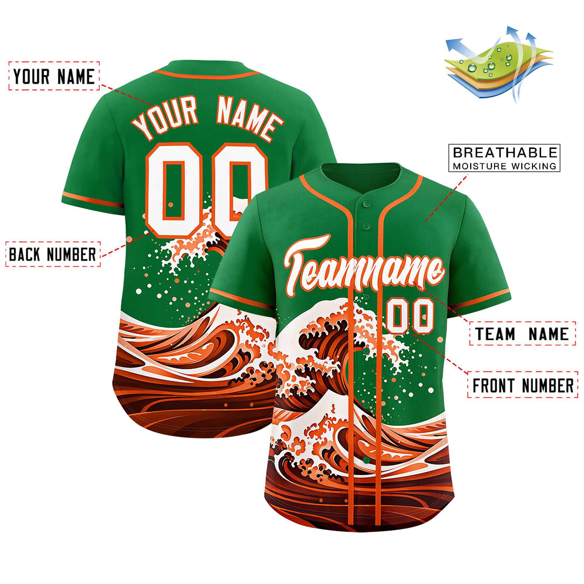 Custom Kelly Green Wave Graffiti Pattern Authentic Baseball Jersey| KXKSHOP