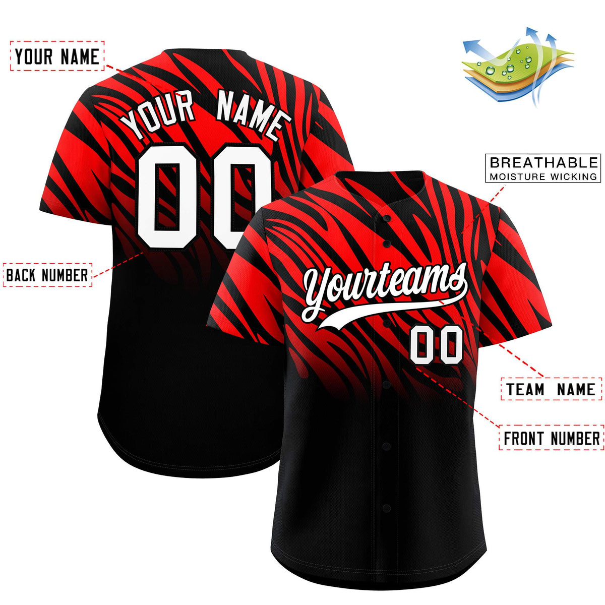 Custom Red Black Tiger Stripe Gradient Animal Print Personalized Team Shirt Baseball Jersey