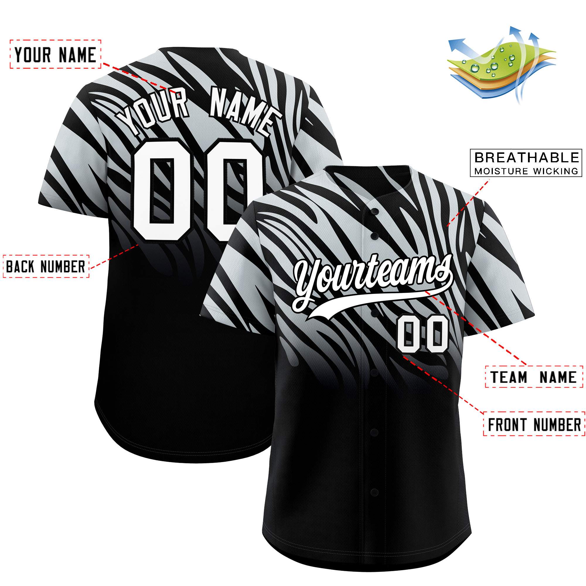 Custom Silver Black Tiger Stripe Gradient Animal Print Personalized Team Shirt Baseball Jersey