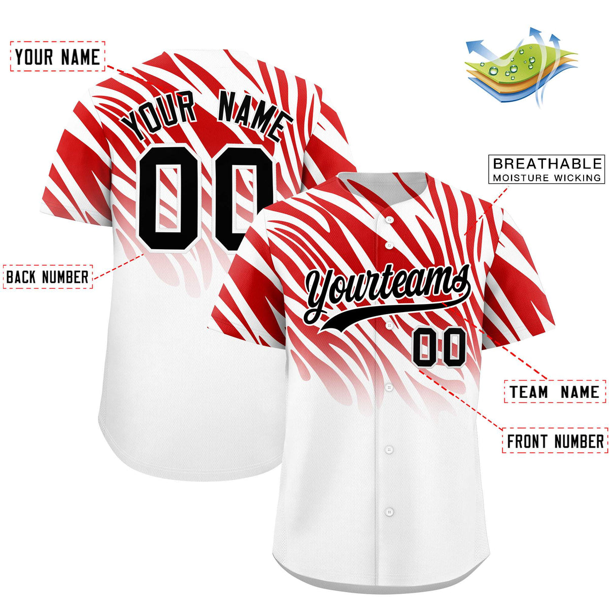 Custom Red White Tiger Stripe Gradient Animal Print Personalized Team Shirt Baseball Jersey