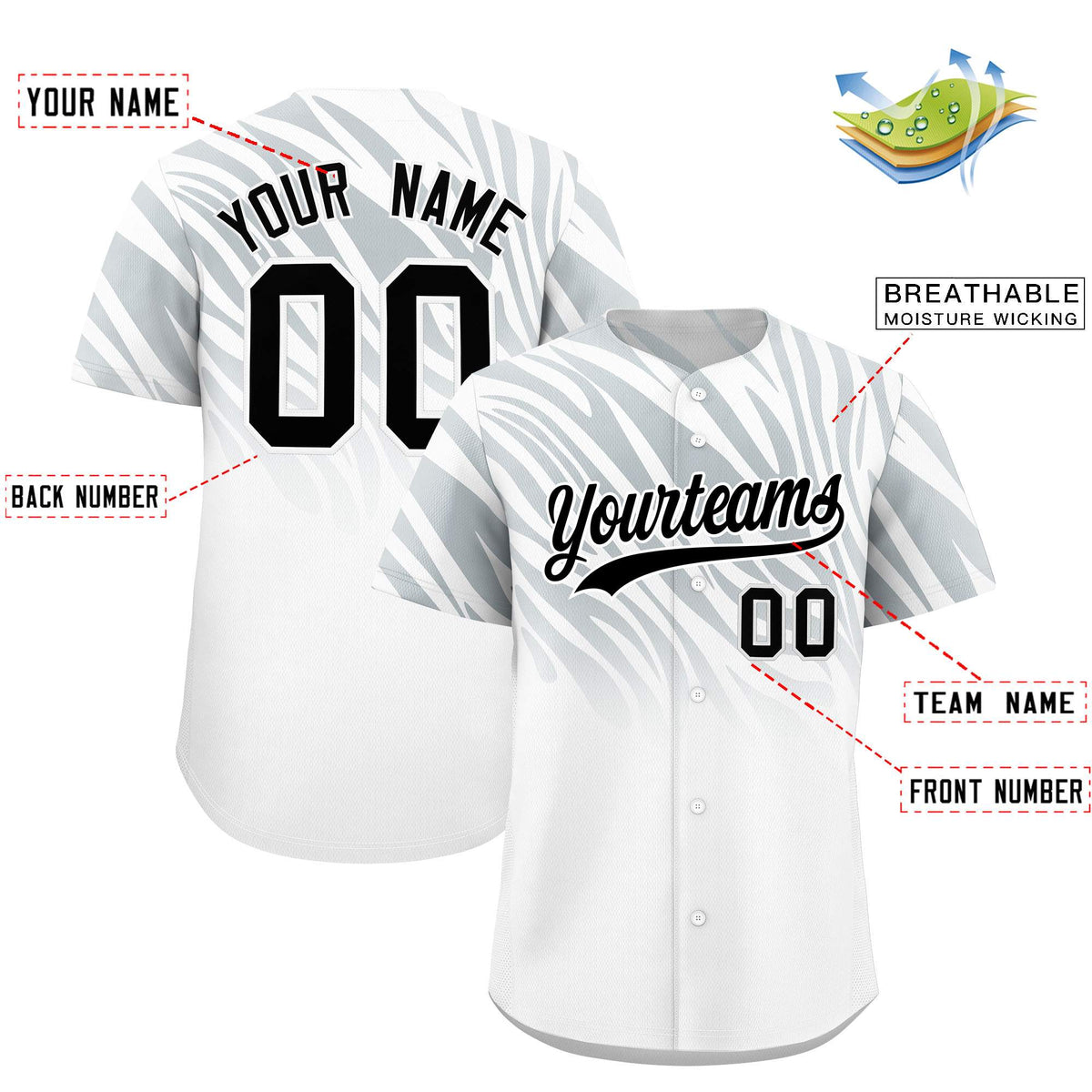Custom Silver White Tiger Stripe Gradient Animal Print Personalized Team Shirt Baseball Jersey