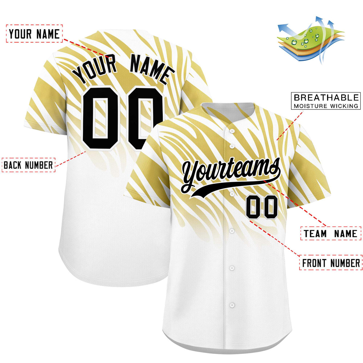 Custom Old Gold White Tiger Stripe Gradient Animal Print Personalized Team Shirt Baseball Jersey
