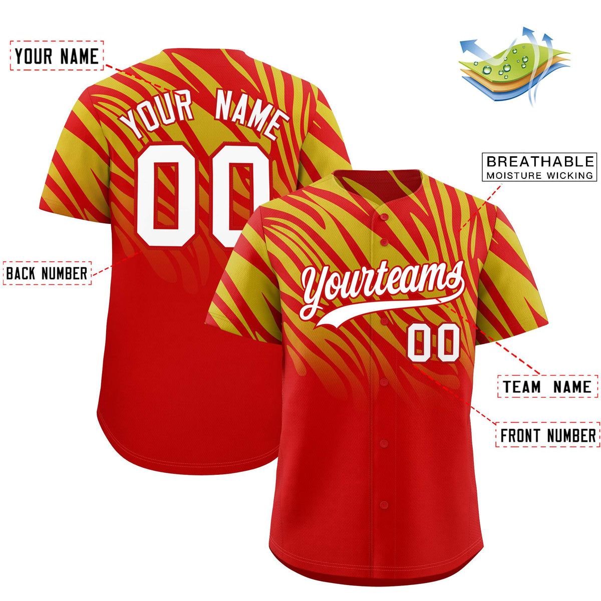 Custom Old Gold Red Tiger Stripe Gradient Animal Print Personalized Team Shirt Baseball Jersey