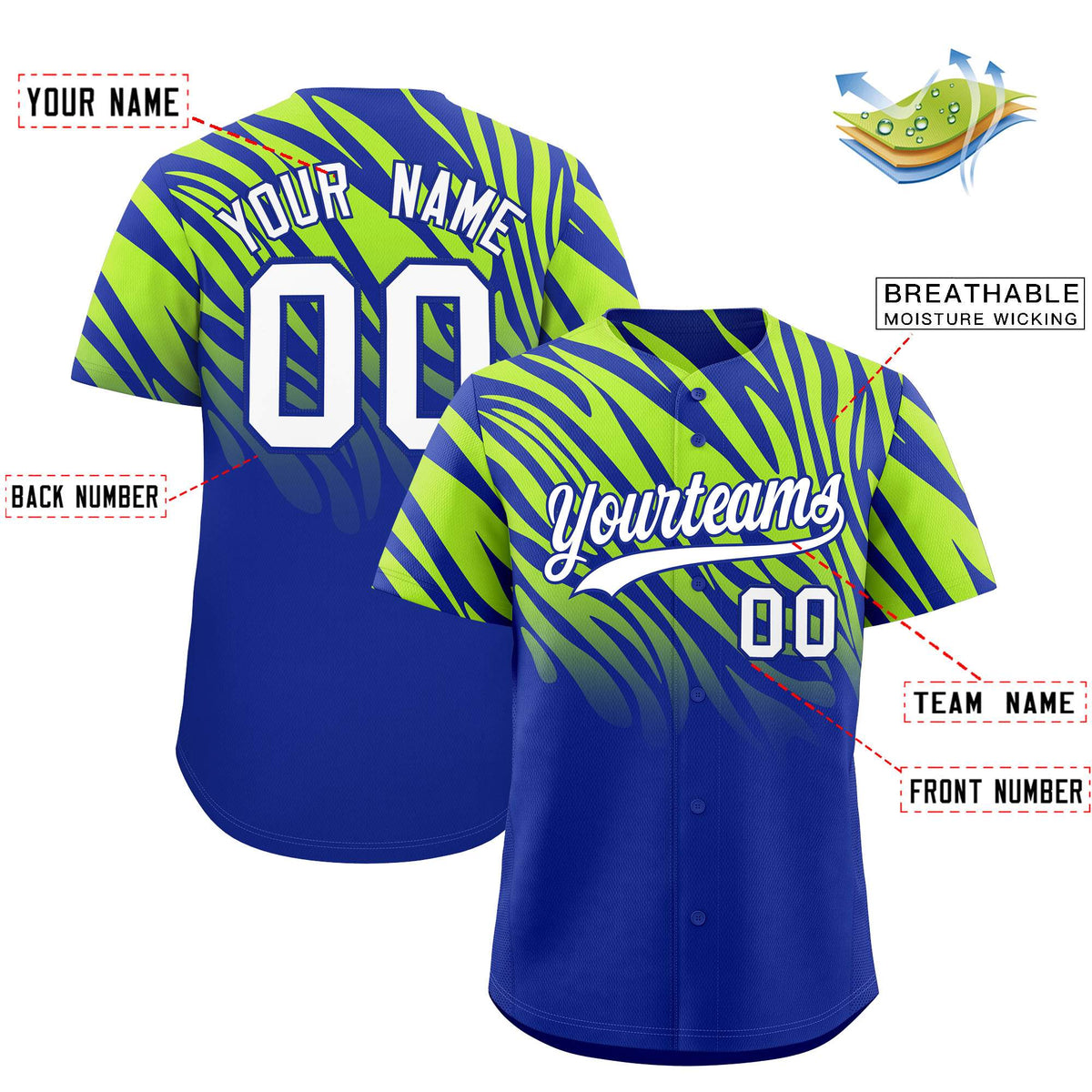 Custom Royal Neon Green Tiger Stripe Gradient Animal Print Personalized Team Shirt Baseball Jersey
