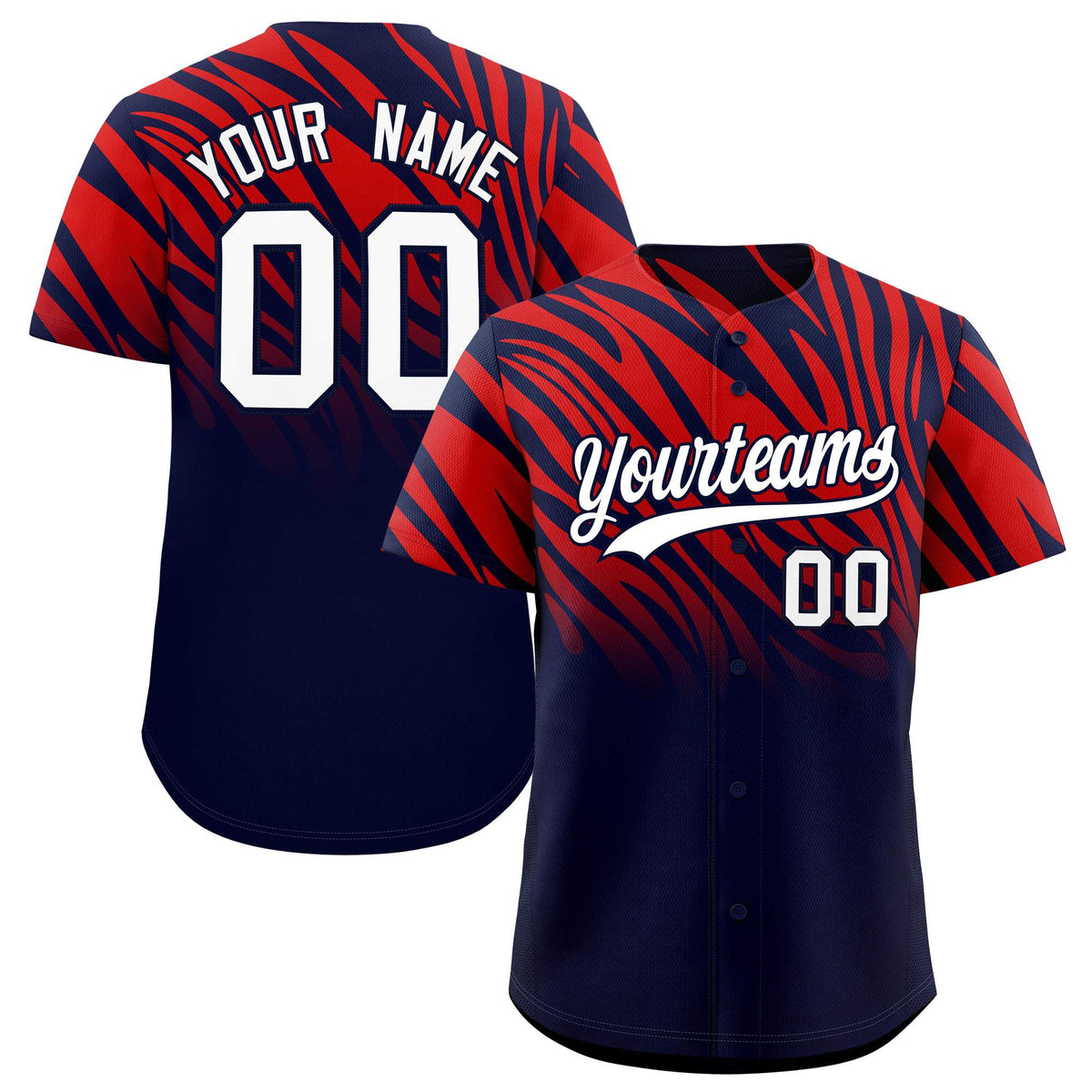 Custom Red Navy Tiger Stripe Gradient Animal Print Personalized Team Shirt Baseball Jersey