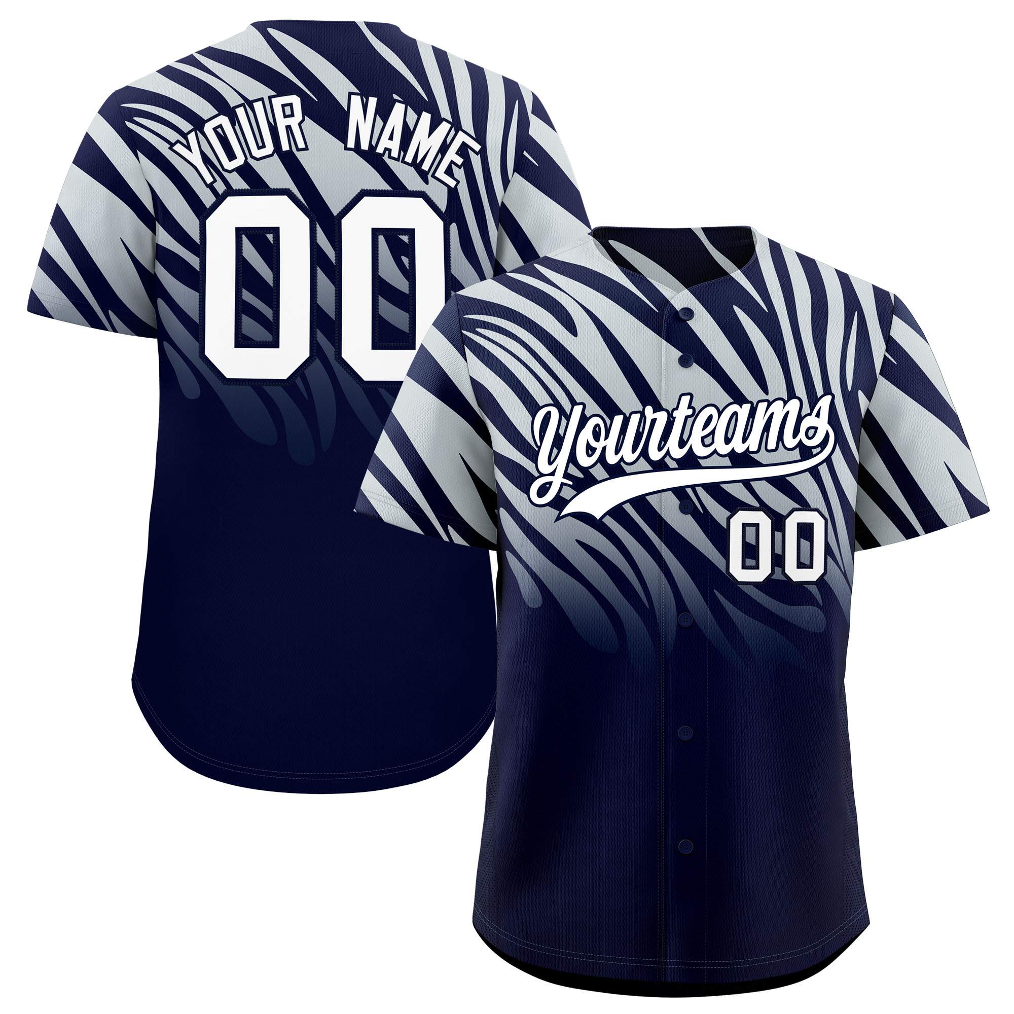 Custom Navy Silver Tiger Stripe Gradient Animal Print Personalized Team Shirt Baseball Jersey