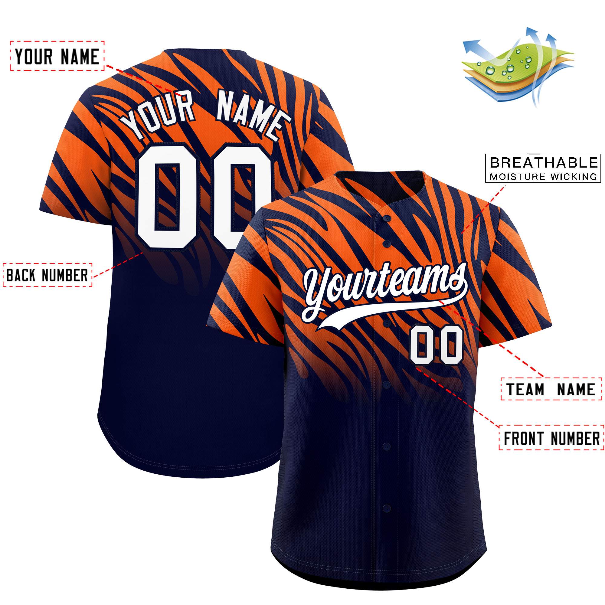 Custom Navy Orange Tiger Stripe Gradient Animal Print Personalized Team Shirt Baseball Jersey