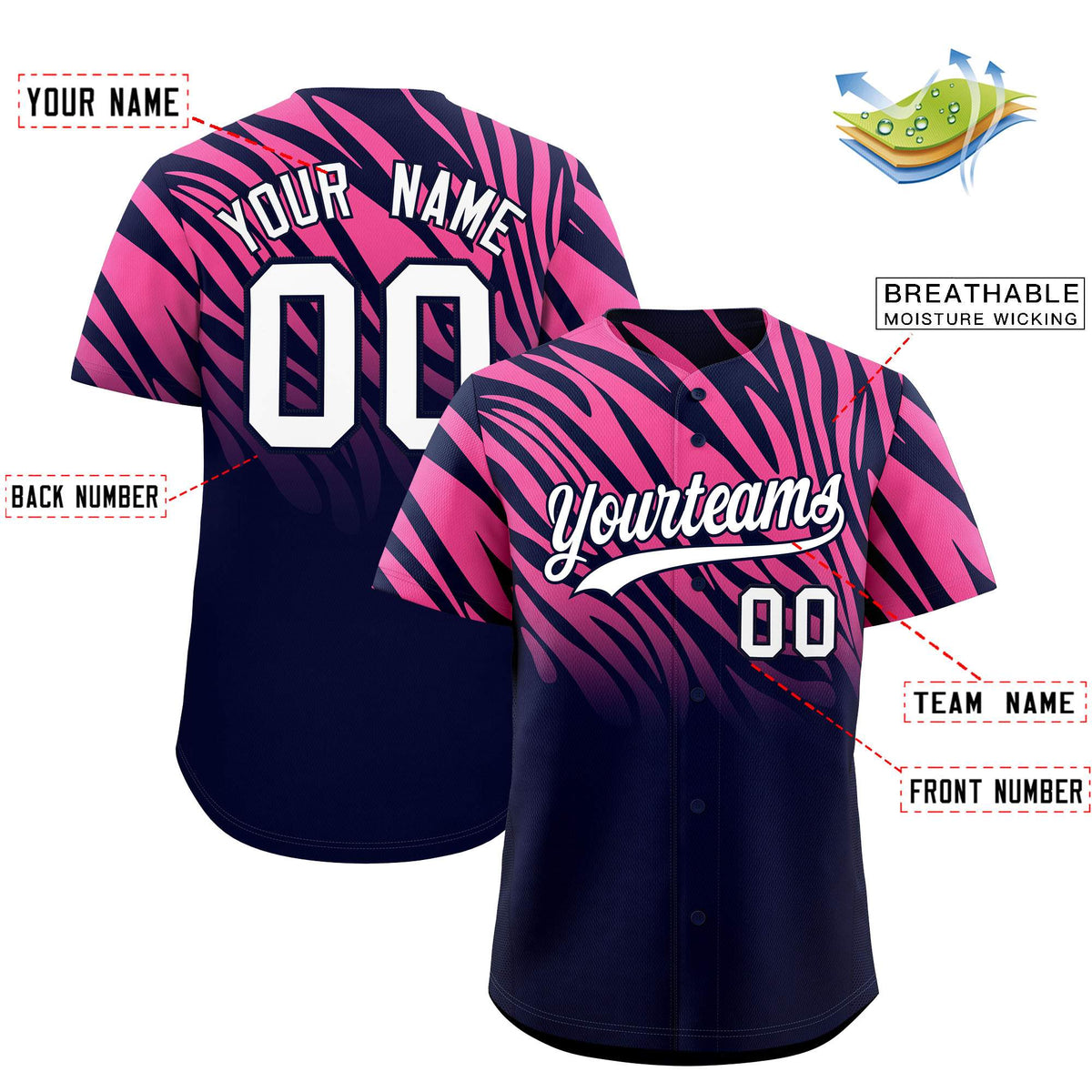 Custom Navy Pink Tiger Stripe Gradient Animal Print Personalized Team Shirt Baseball Jersey