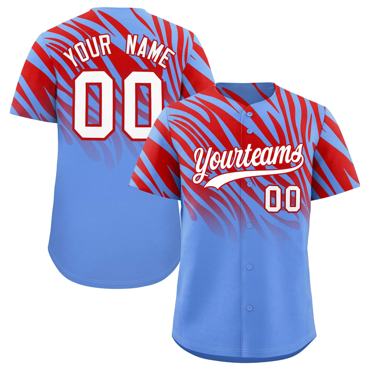 Custom Red Light Blue Tiger Stripe Gradient Animal Print Personalized Team Shirt Baseball Jersey