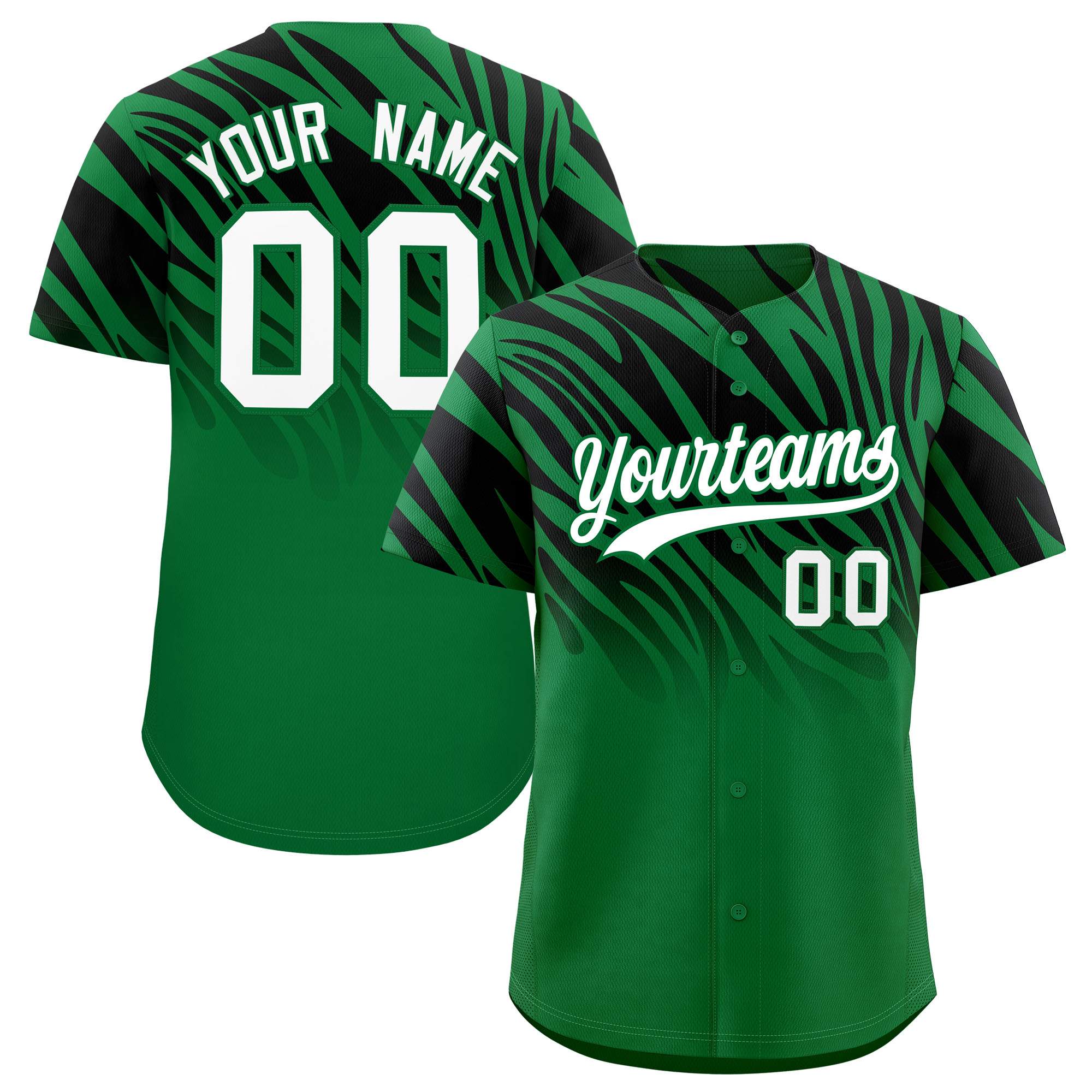 Custom Kelly Green Black Tiger Stripe Gradient Animal Print Personalized Team Shirt Baseball Jersey