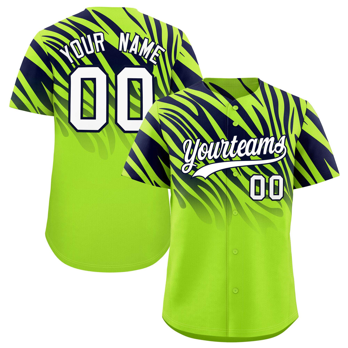 Custom Neon Green Navy Tiger Stripe Gradient Animal Print Personalized Team Shirt Baseball Jersey