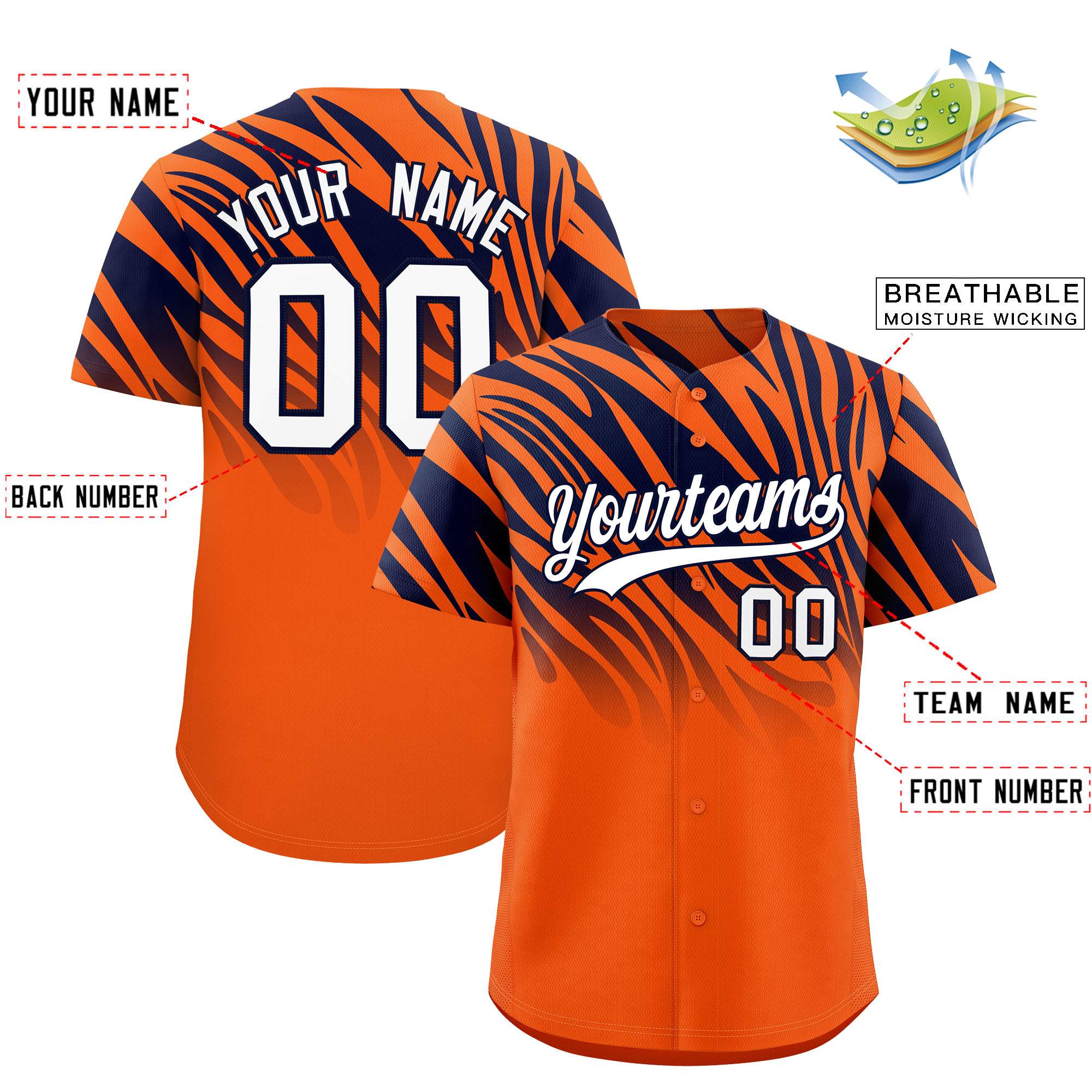 Custom Navy Orange Tiger Stripe Gradient Animal Print Personalized Team Shirt Baseball Jersey