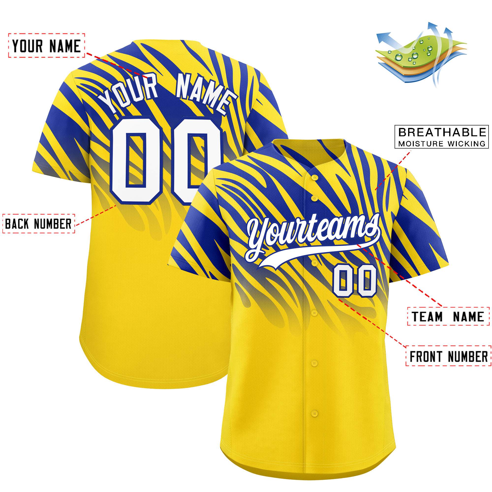 Custom Gold Royal Tiger Stripe Gradient Animal Print Personalized Team Shirt Baseball Jersey