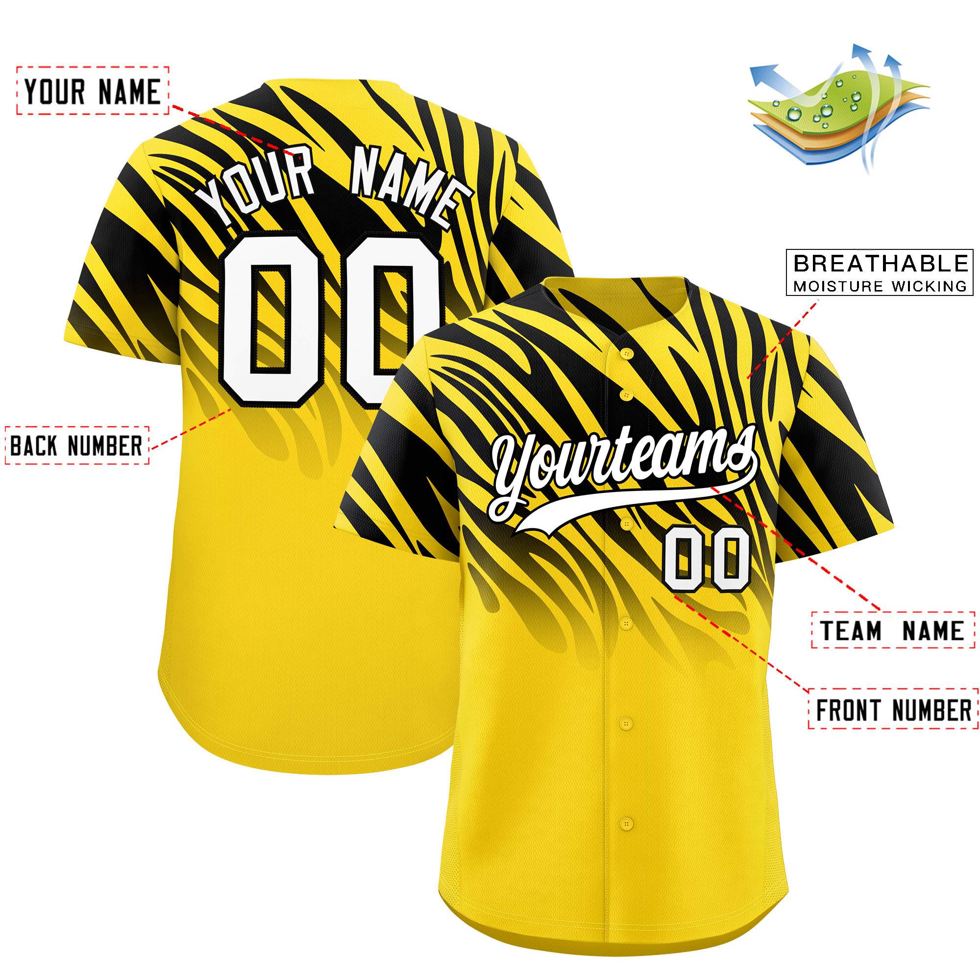 Custom Gold Black Tiger Stripe Gradient Animal Print Personalized Team Shirt Baseball Jersey