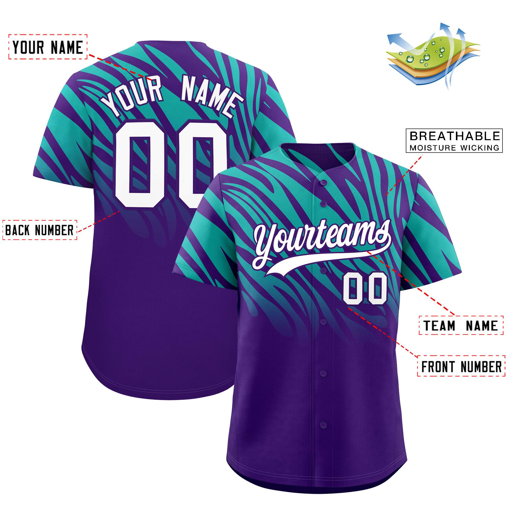 Custom Purple Aqua Tiger Stripe Gradient Animal Print Personalized Team Shirt Baseball Jersey