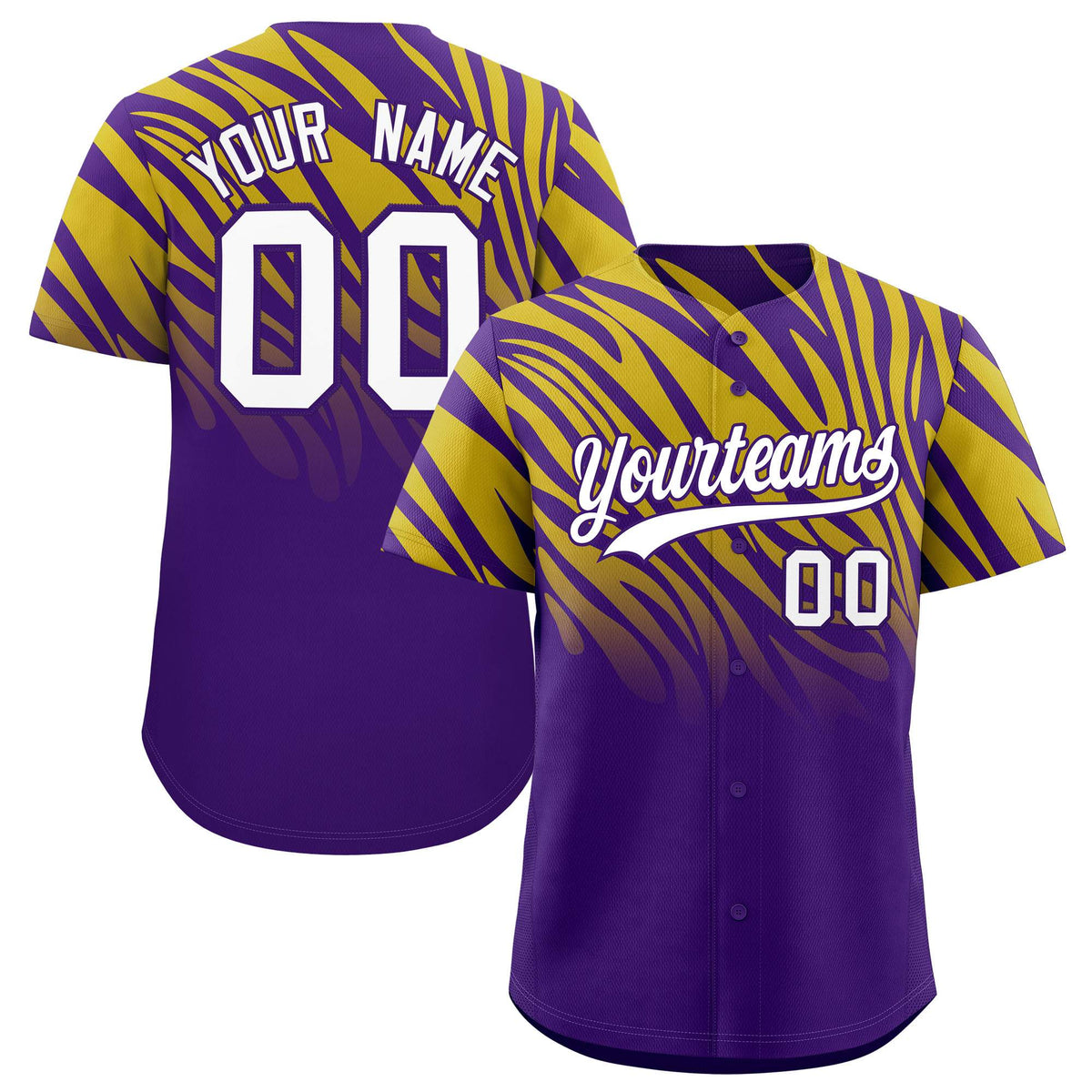 Custom Purple Old Gold Tiger Stripe Gradient Animal Print Personalized Team Shirt Baseball Jersey