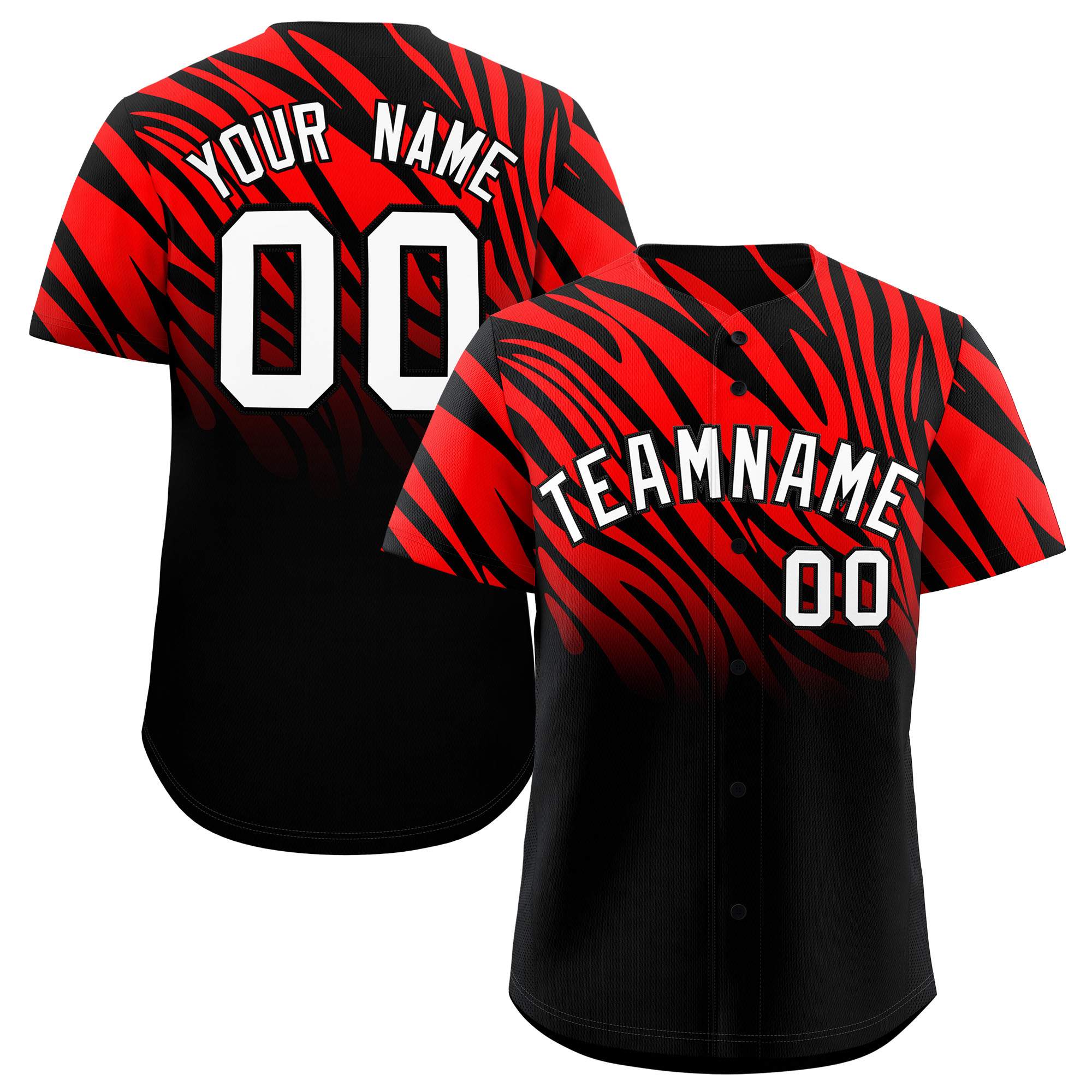 Custom Red Black Tiger Stripe Gradient Animal Print Personalized Team Shirt Baseball Jersey