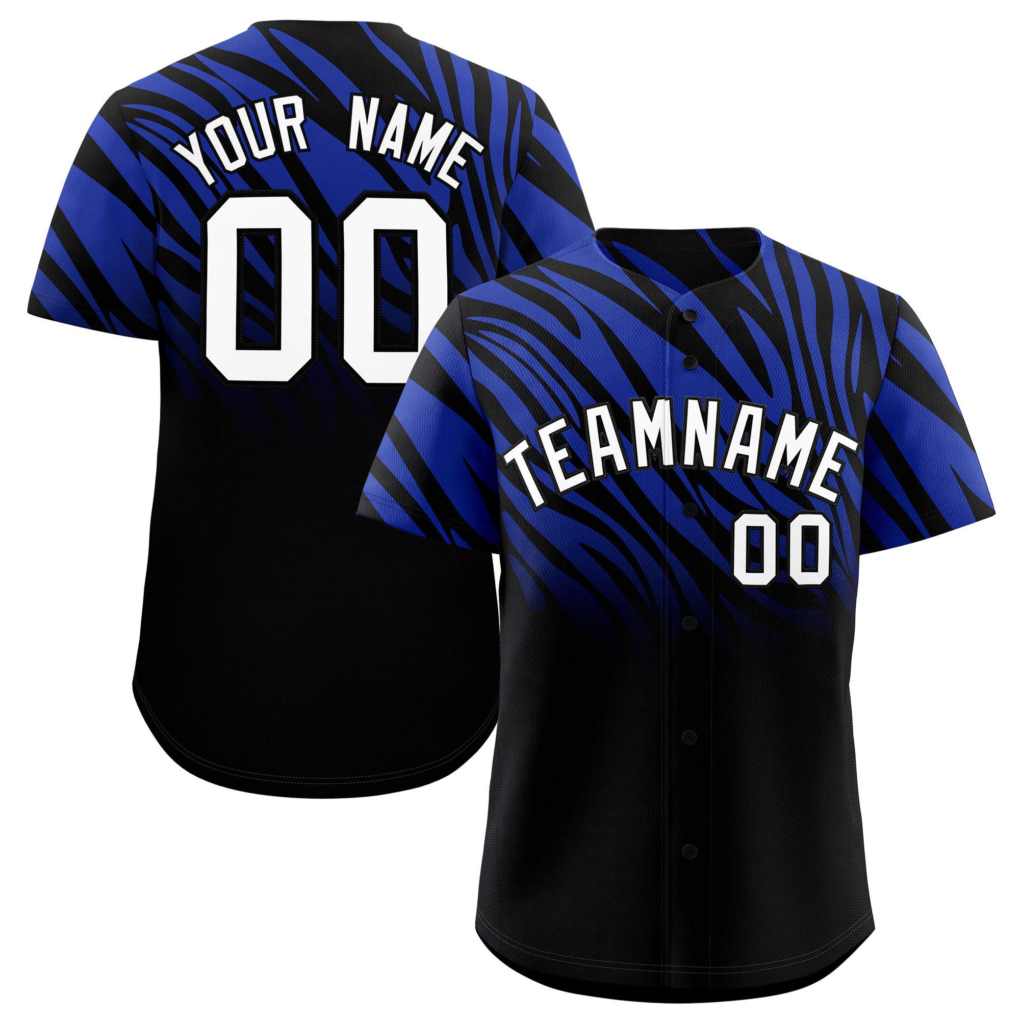 Custom Royal Black Tiger Stripe Gradient Animal Print Personalized Team Shirt Baseball Jersey