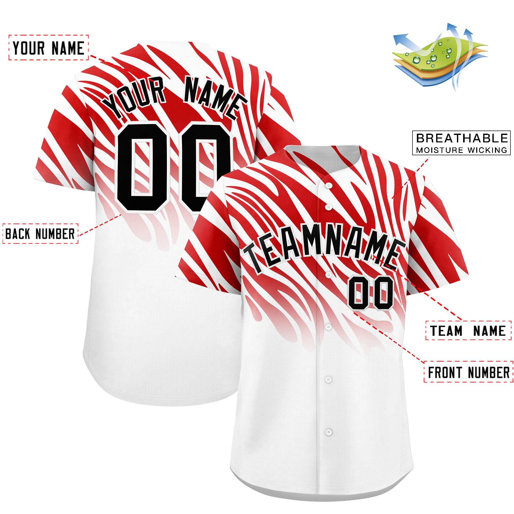Custom Red White Tiger Stripe Gradient Animal Print Personalized Team Shirt Baseball Jersey
