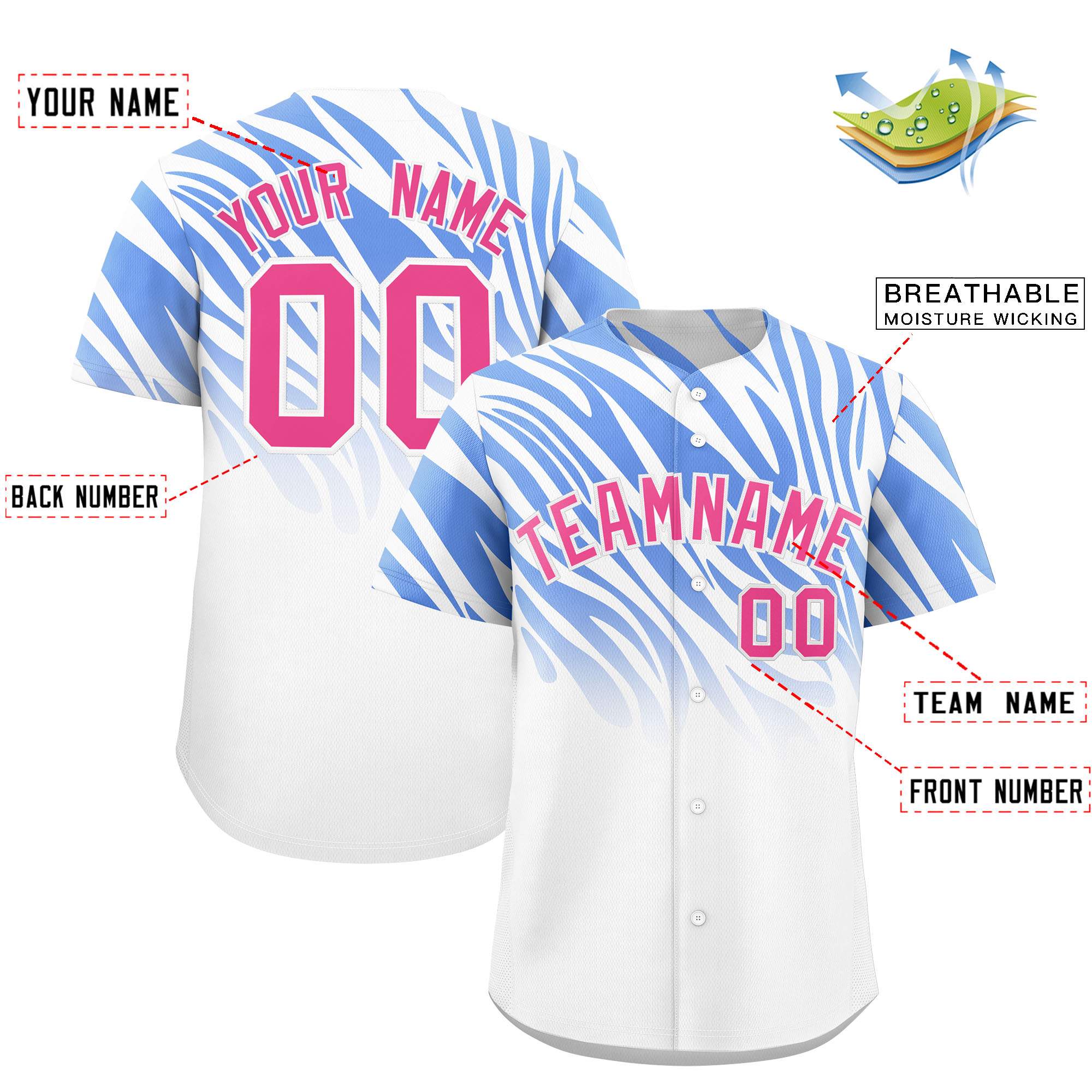 Custom Light Blue White Tiger Stripe Gradient Animal Print Personalized Team Shirt Baseball Jersey