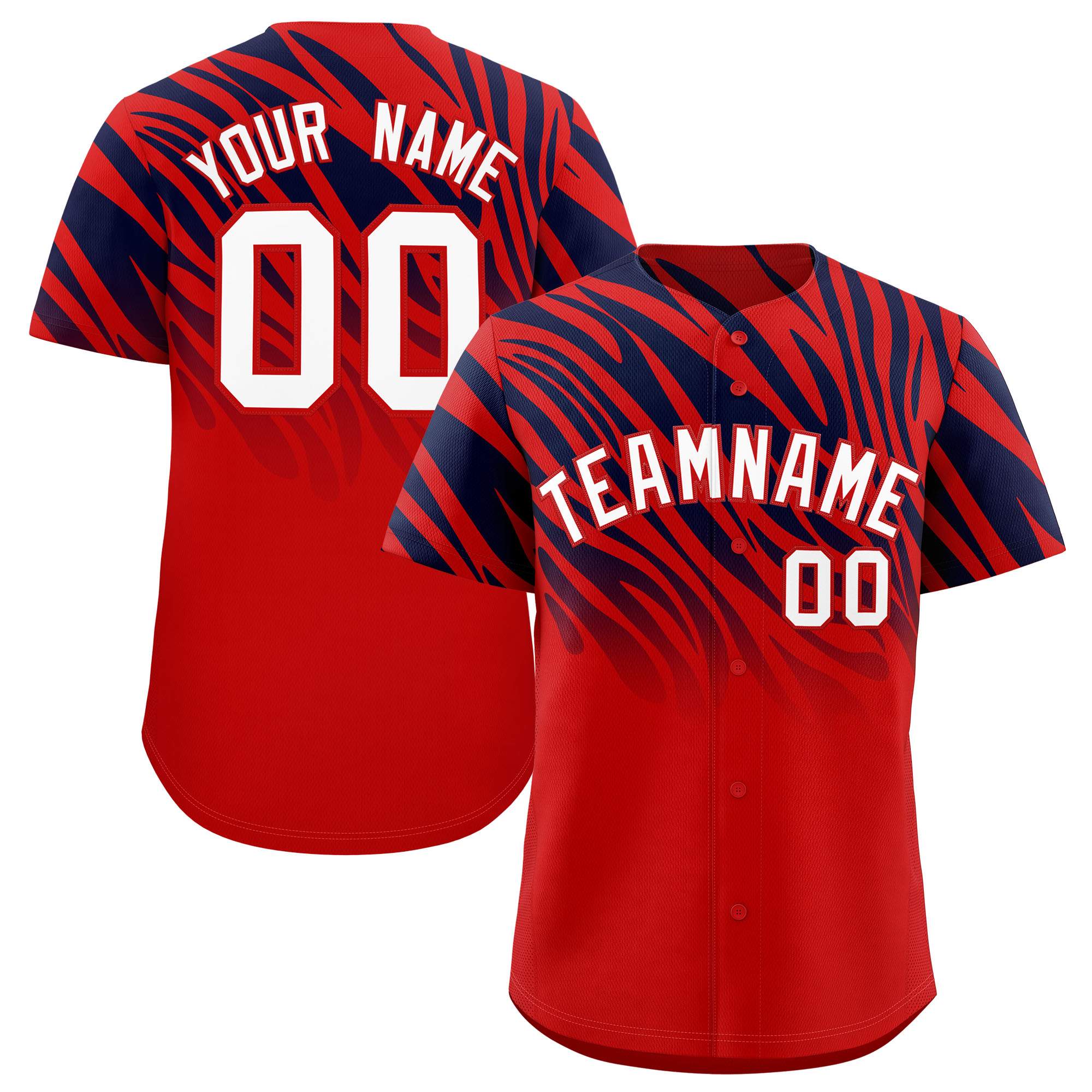 Custom Navy Red Tiger Stripe Gradient Animal Print Personalized Team Shirt Baseball Jersey