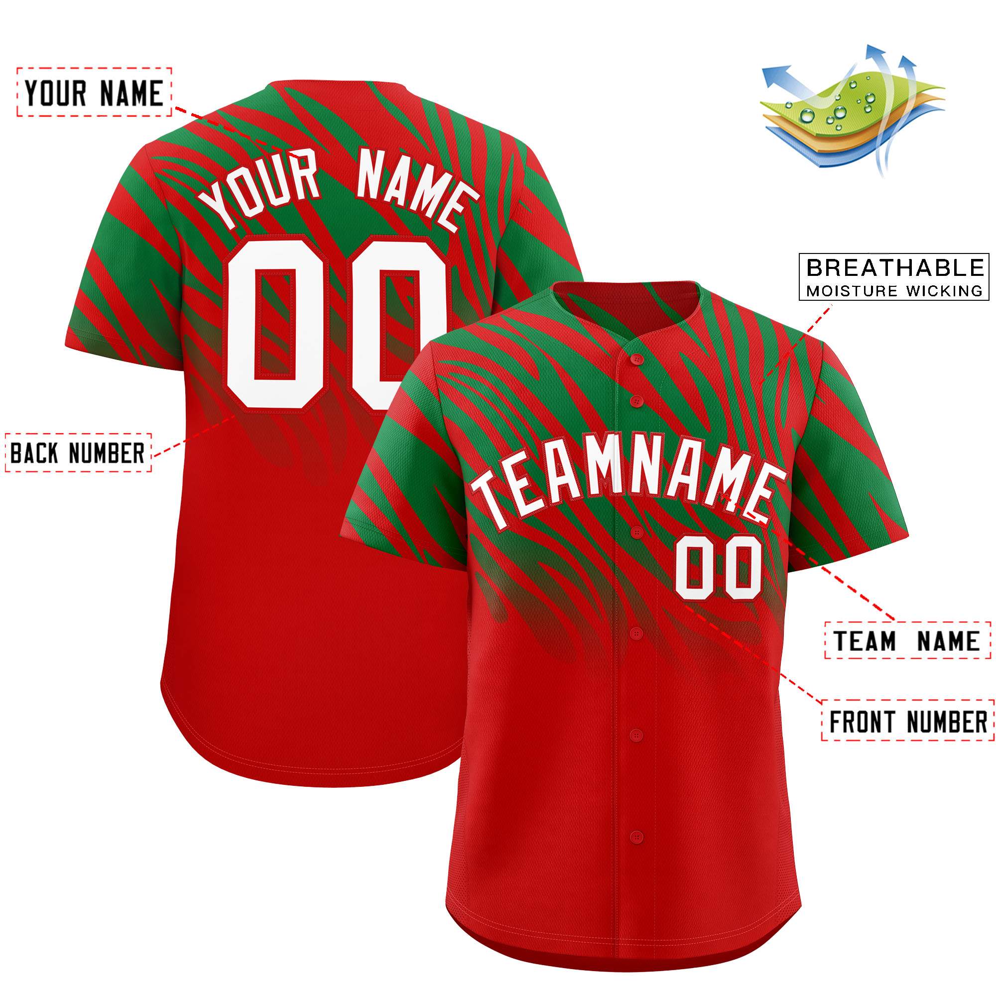 Custom Kelly Green Red Tiger Stripe Gradient Animal Print Personalized Team Shirt Baseball Jersey