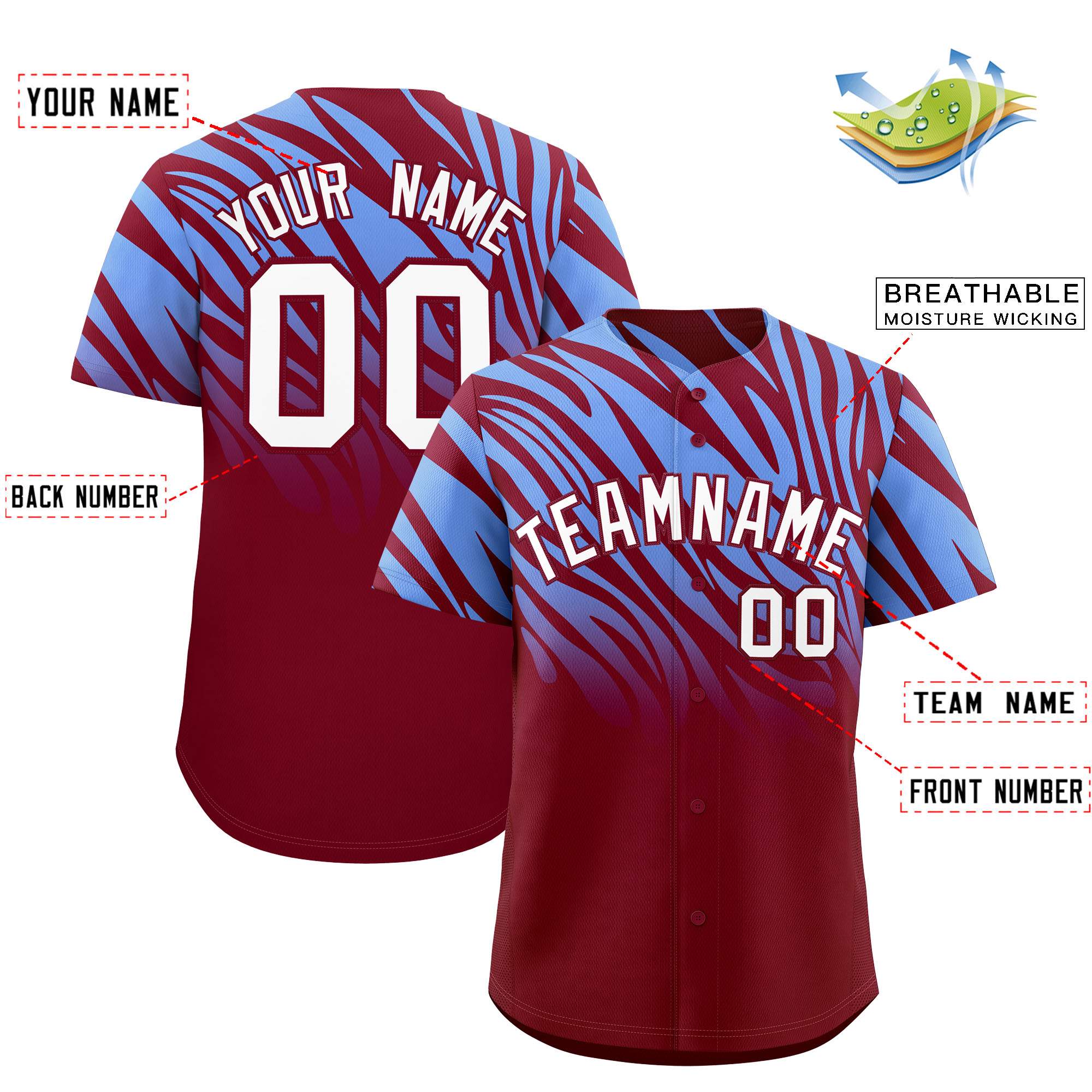 Custom Light Blue Crimson Tiger Stripe Gradient Animal Print Personalized Team Shirt Baseball Jersey