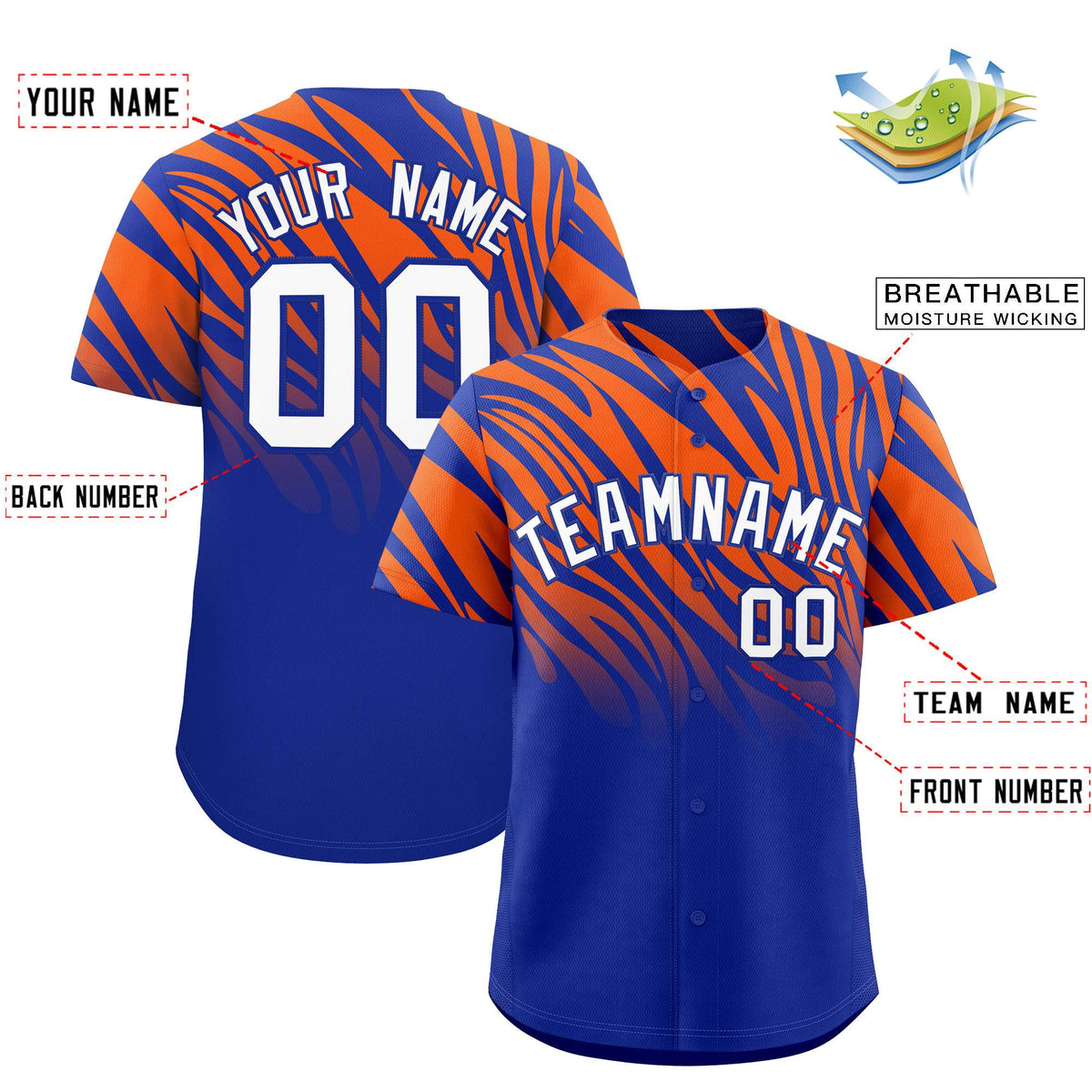Custom Royal Orange Tiger Stripe Gradient Animal Print Personalized Team Shirt Baseball Jersey