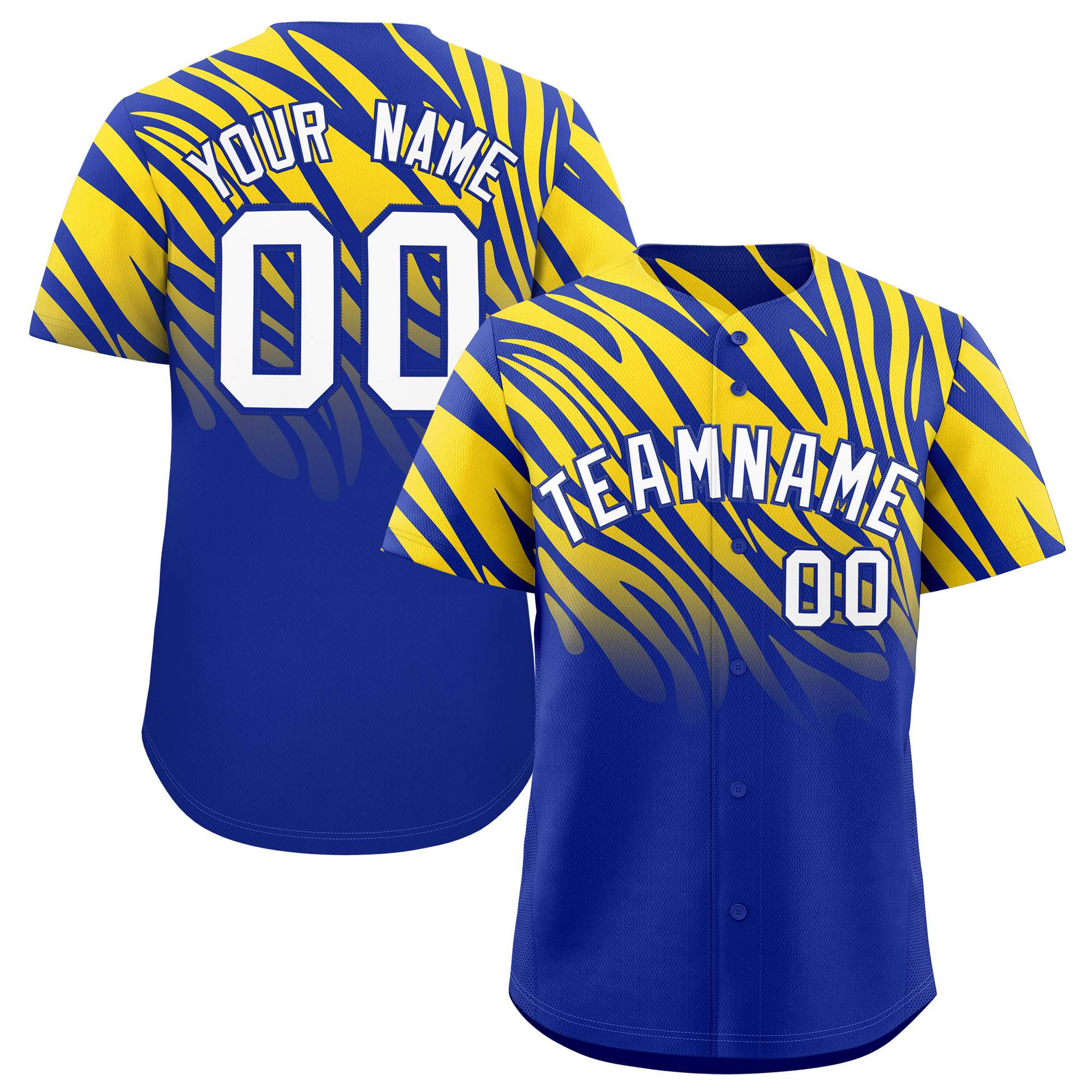 Custom Royal Gold Tiger Stripe Gradient Animal Print Personalized Team Shirt Baseball Jersey
