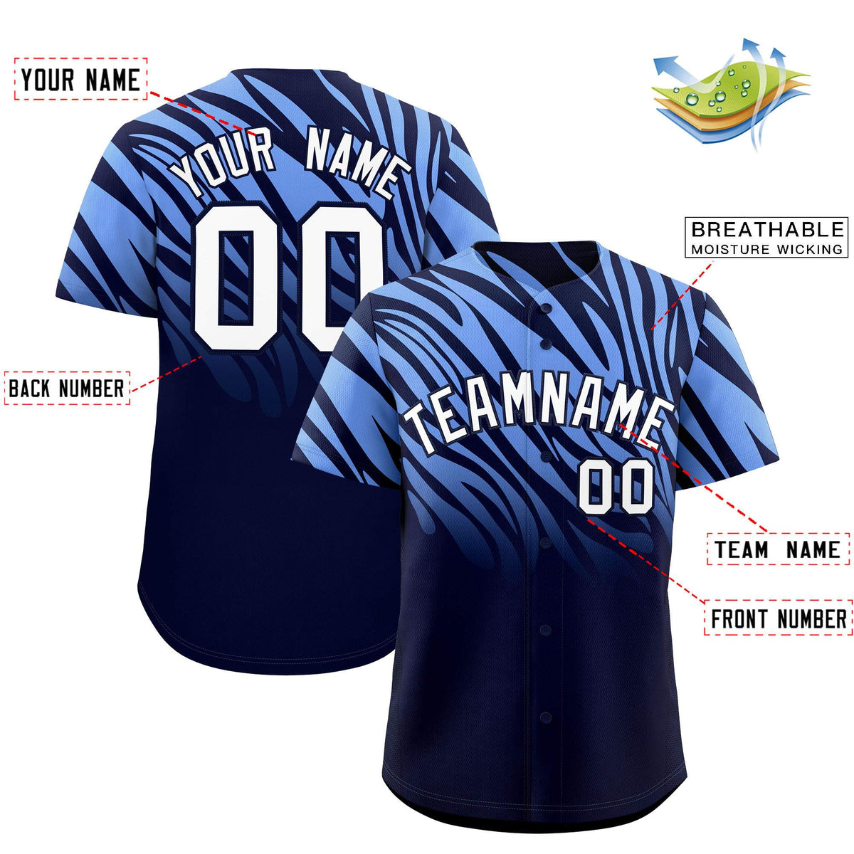 Custom Navy Light Blue Tiger Stripe Gradient Animal Print Personalized Team Shirt Baseball Jersey