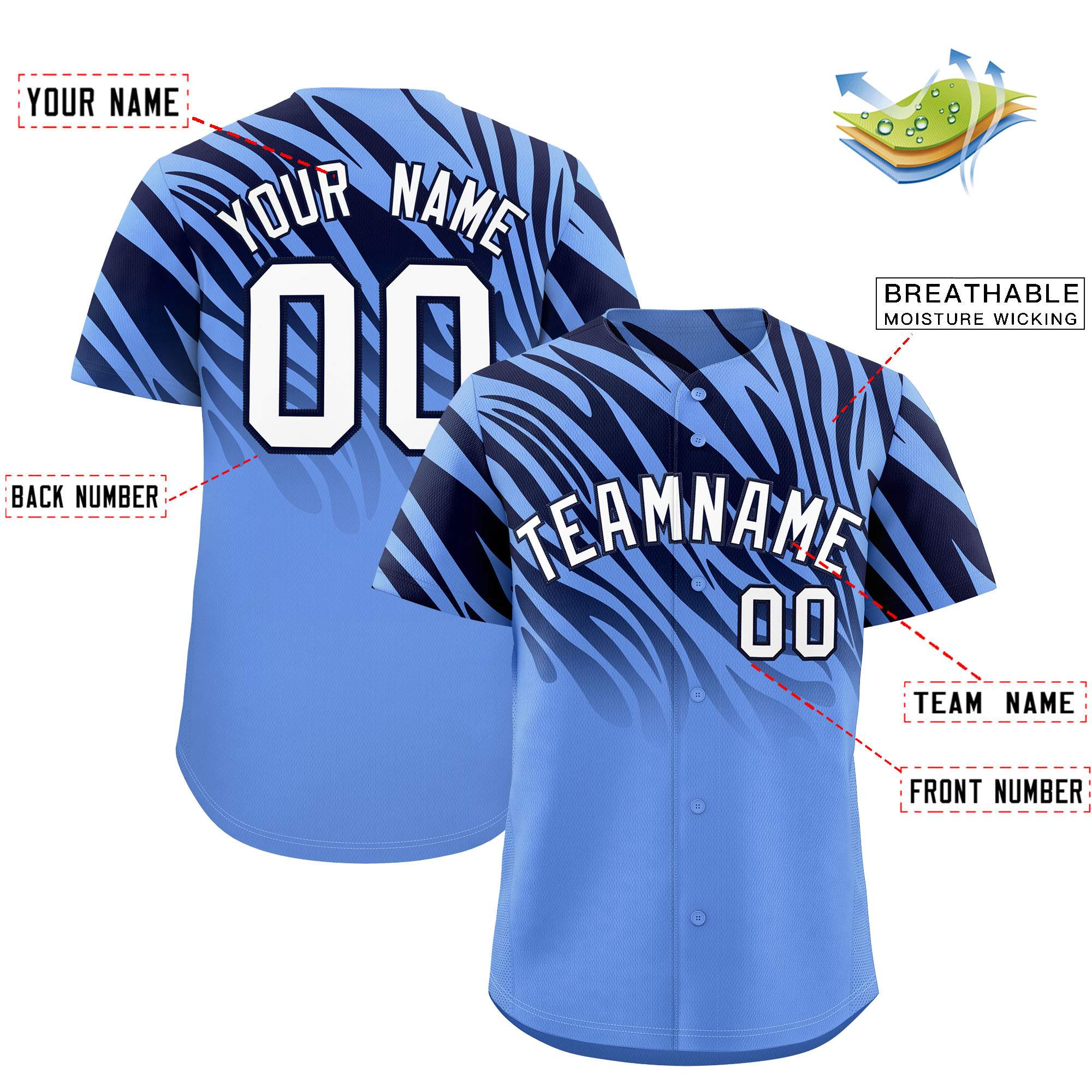 Custom Light Blue Navy Tiger Stripe Gradient Animal Print Personalized Team Shirt Baseball Jersey
