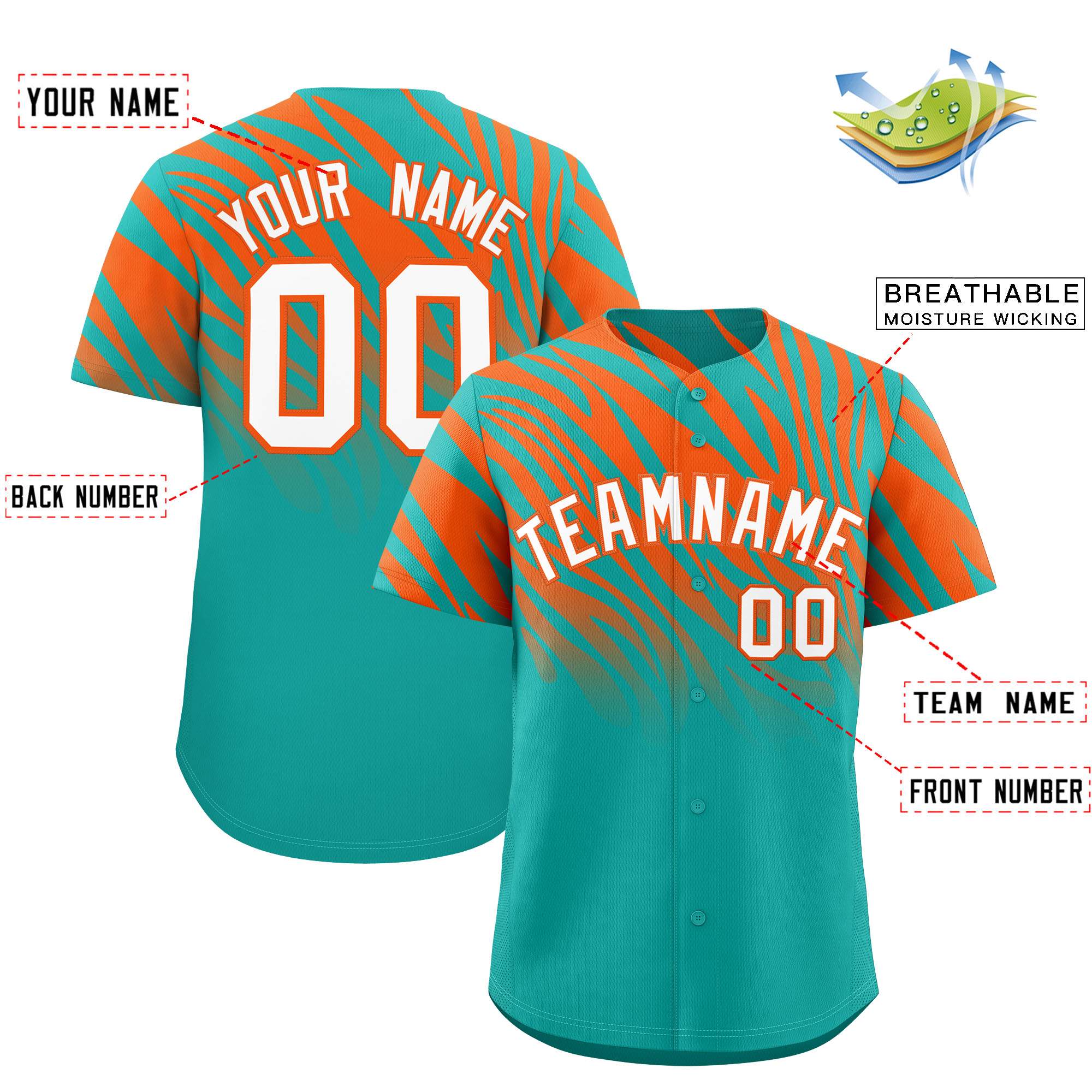 Custom Aqua Orange Tiger Stripe Gradient Animal Print Personalized Team Shirt Baseball Jersey