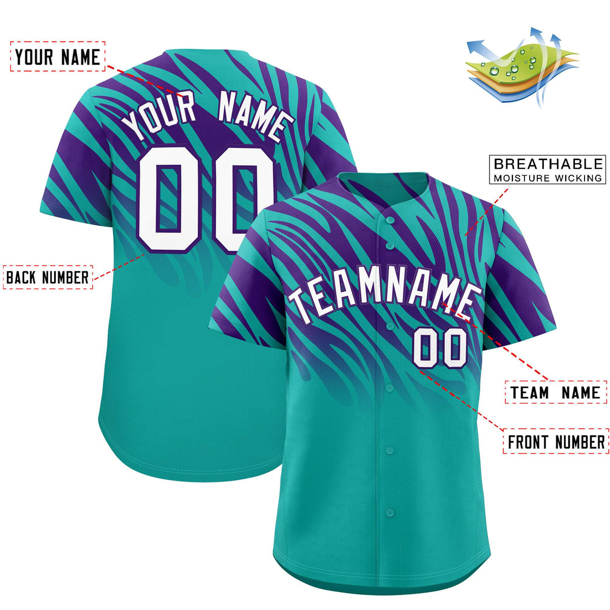 Custom Aqua Purple Tiger Stripe Gradient Animal Print Personalized Team Shirt Baseball Jersey
