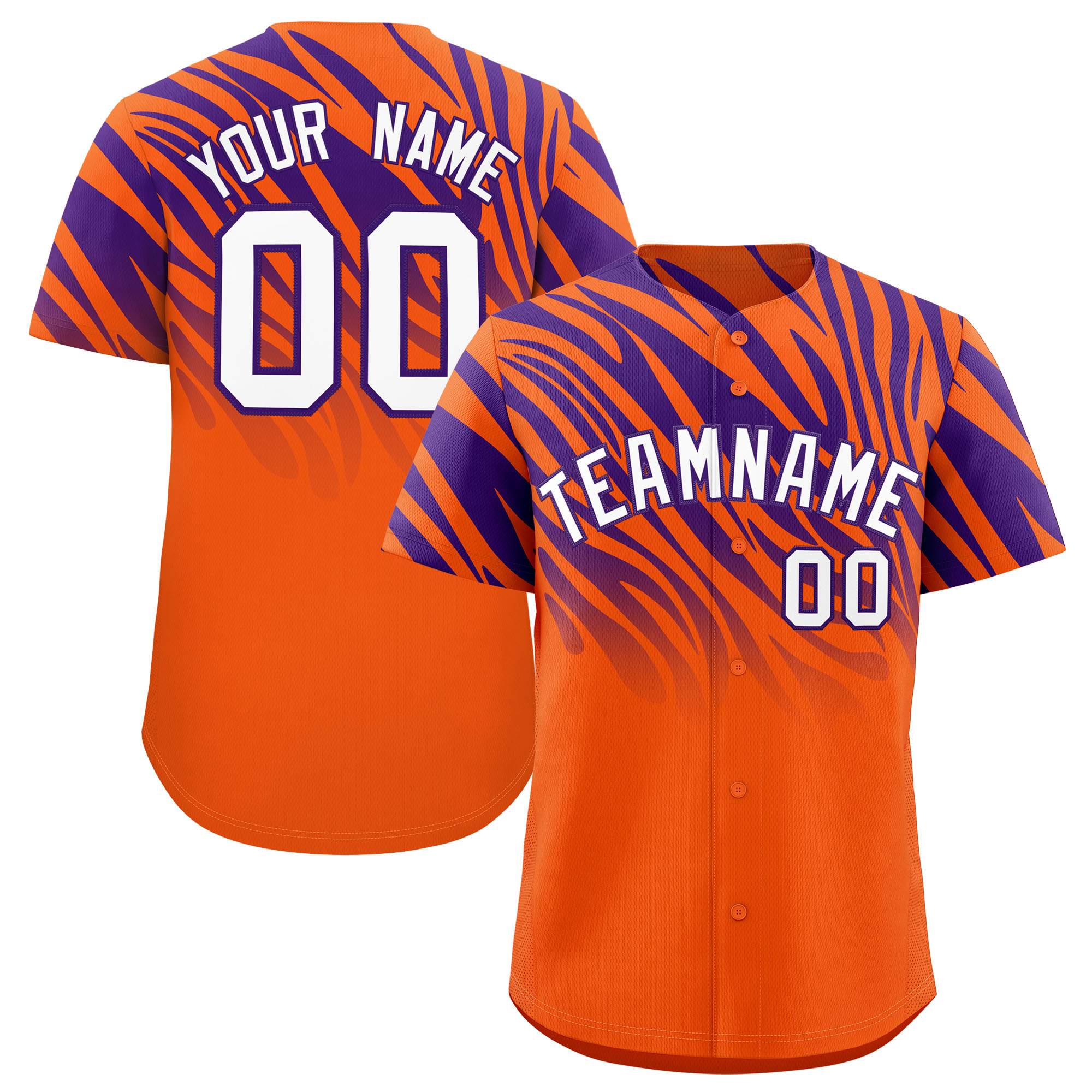 Custom Purple Orange Tiger Stripe Gradient Animal Print Personalized Team Shirt Baseball Jersey