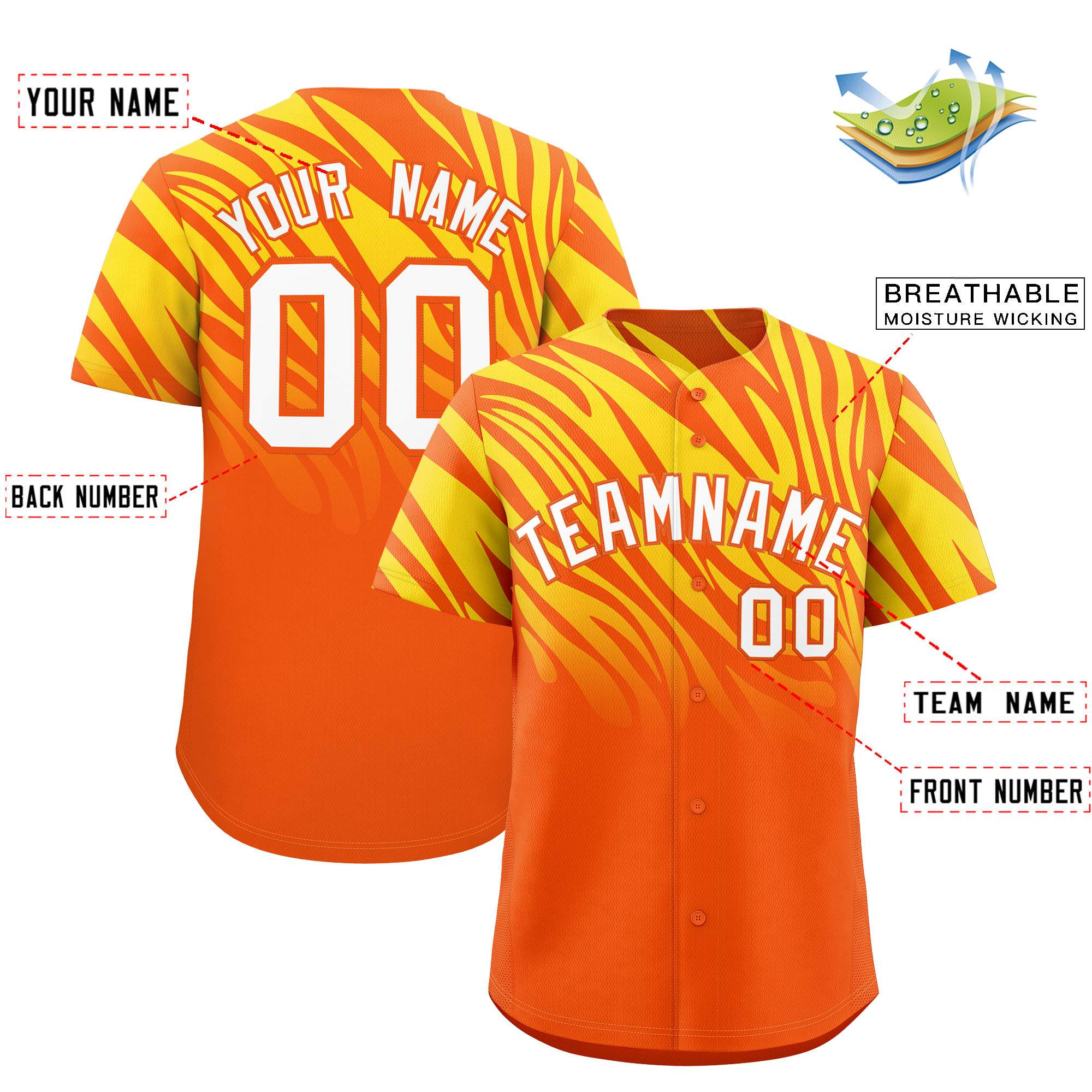 Custom Orange Gold Tiger Stripe Gradient Animal Print Personalized Team Shirt Baseball Jersey